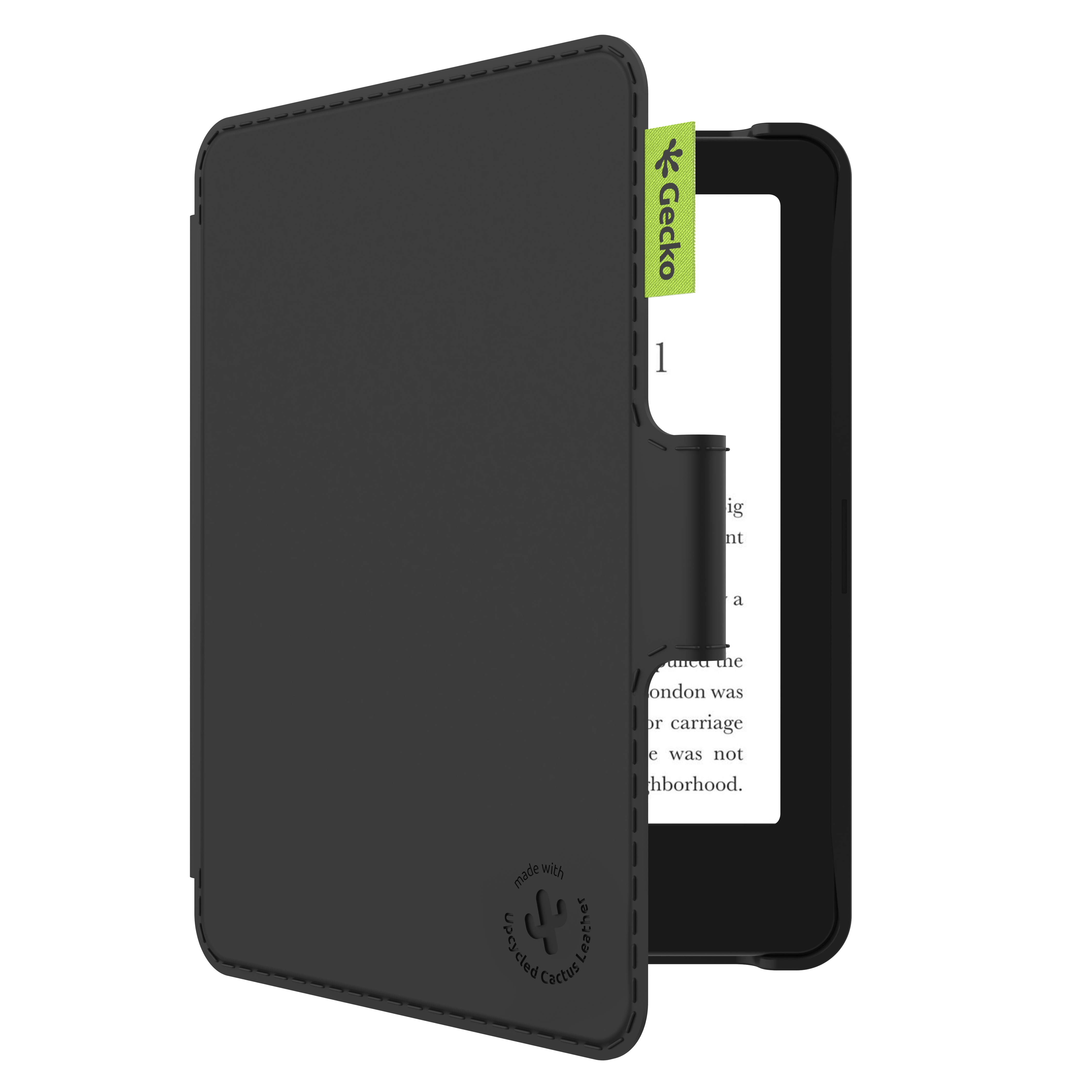Schwarze E-Reader-Hülle, teilweise geöffnet. Ein grünes Gecko-Etikett rechts. Text auf dem Bildschirm sichtbar.