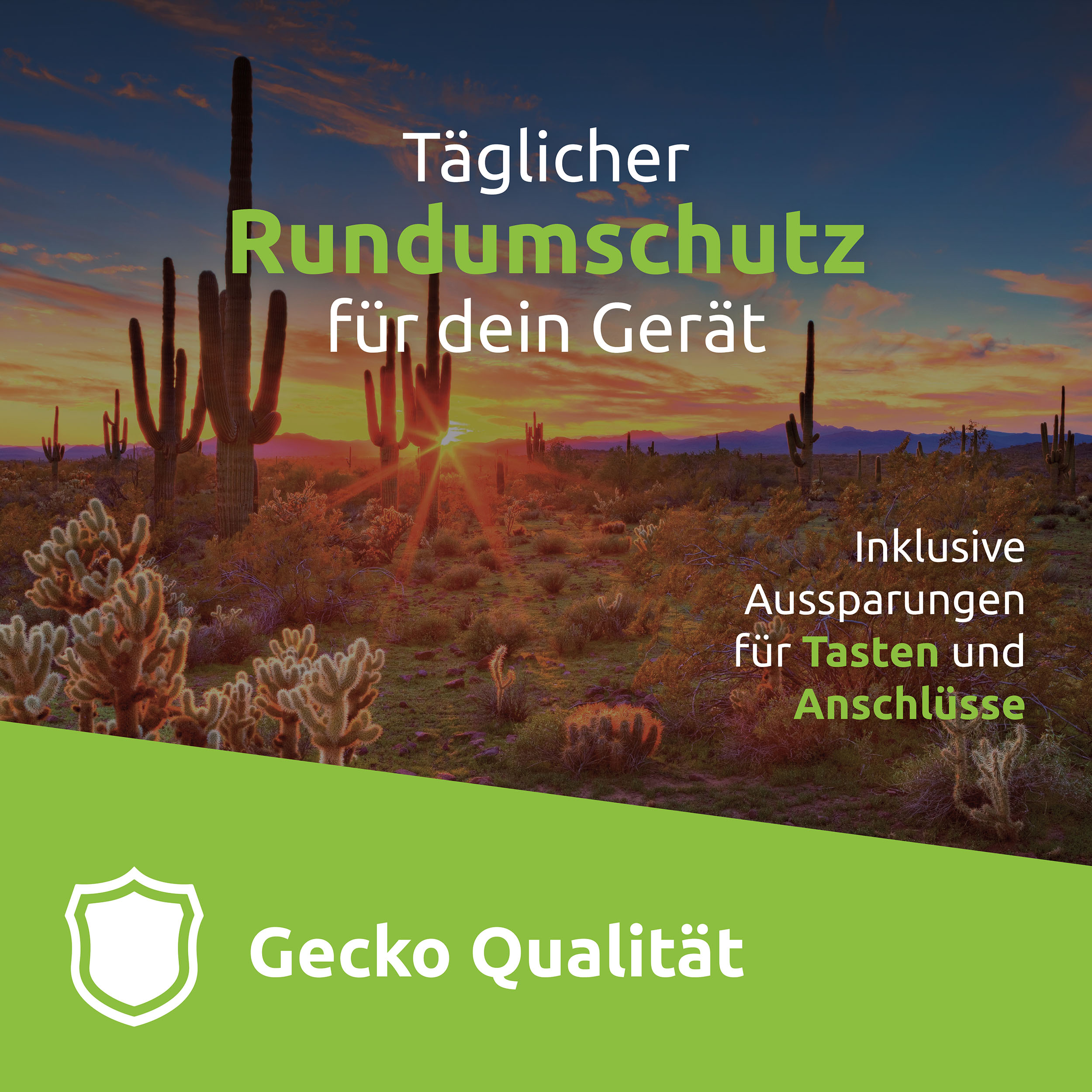 Wüstenlandschaft mit Kakteen, Sonnenuntergangshimmel und grünem Text zur Produktwerbung. Enthält Gecko Quality Logo.