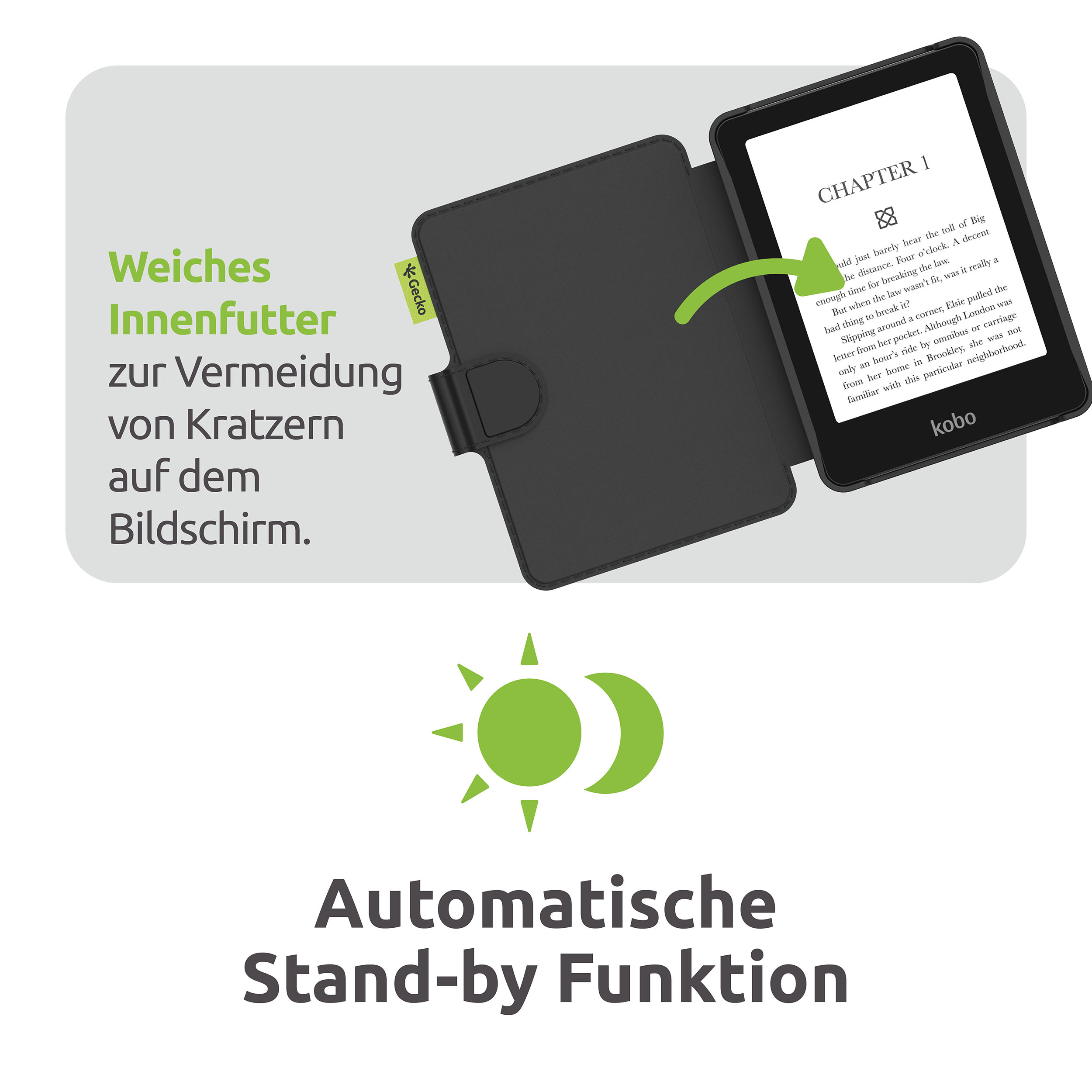 Ein E-Reader in einer schwarzen Hülle, der Text zeigt, mit Text über weiches Futter und Auto-Standby-Funktion.
