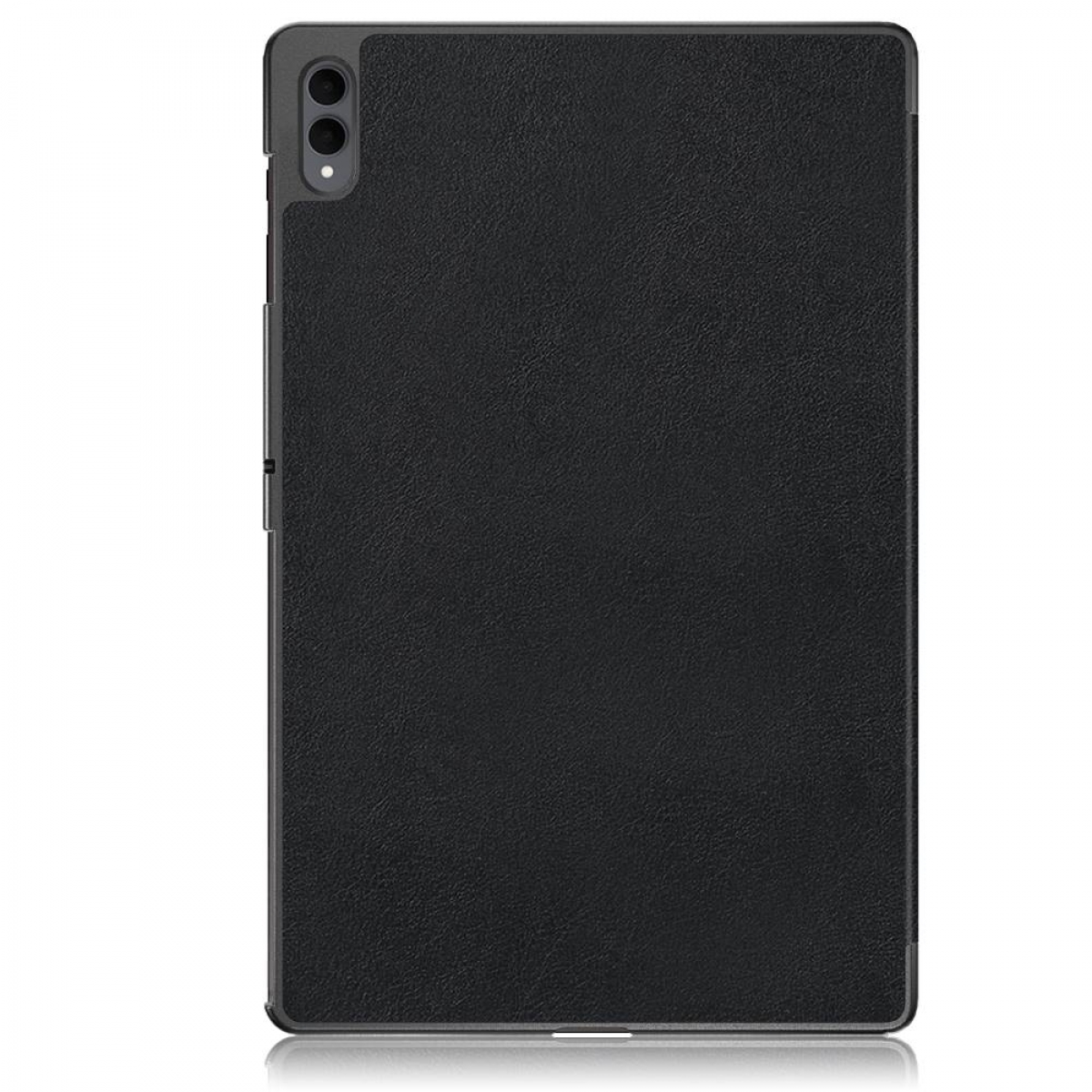 Eine schwarze Tablethülle. Sie hat eine strukturierte Oberfläche und ein Kameramodul in der oberen linken Ecke. Die Hülle reflektiert Licht.