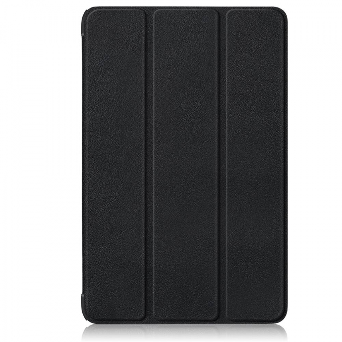 Eine schwarze Tablet-Hülle mit strukturierter Oberfläche. Sie ist rechteckig mit drei vertikalen Paneelen und einem reflektierenden Sockel.