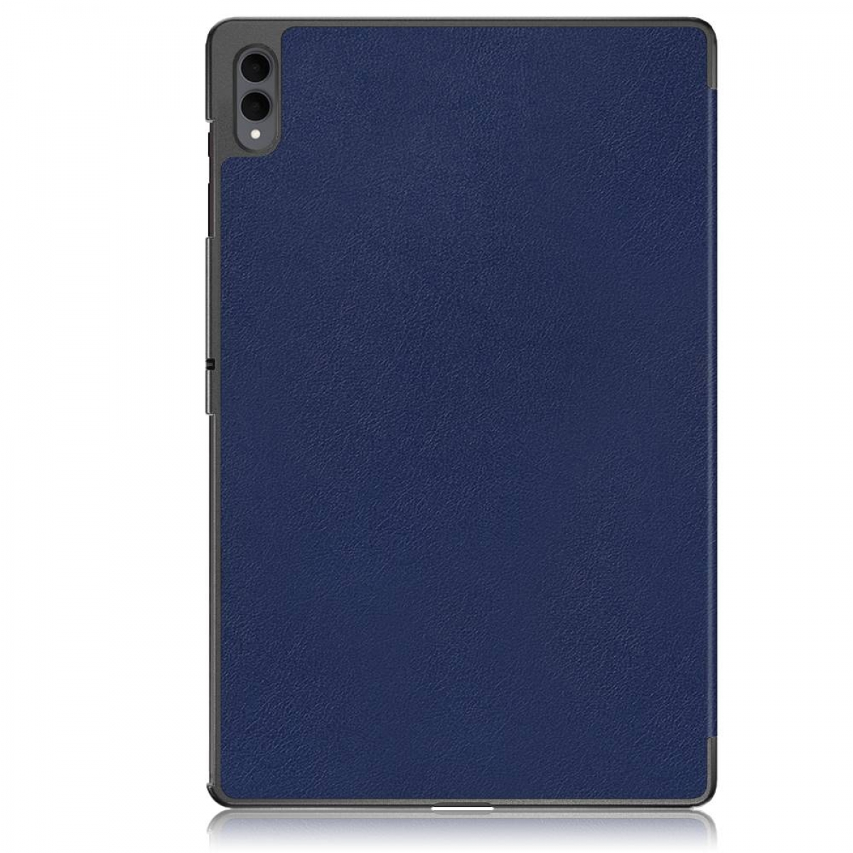 Eine Tablet-Hülle, marineblau mit strukturierter Oberfläche, einem dunkelgrauen Rahmen und einem Kameramodul oben links.