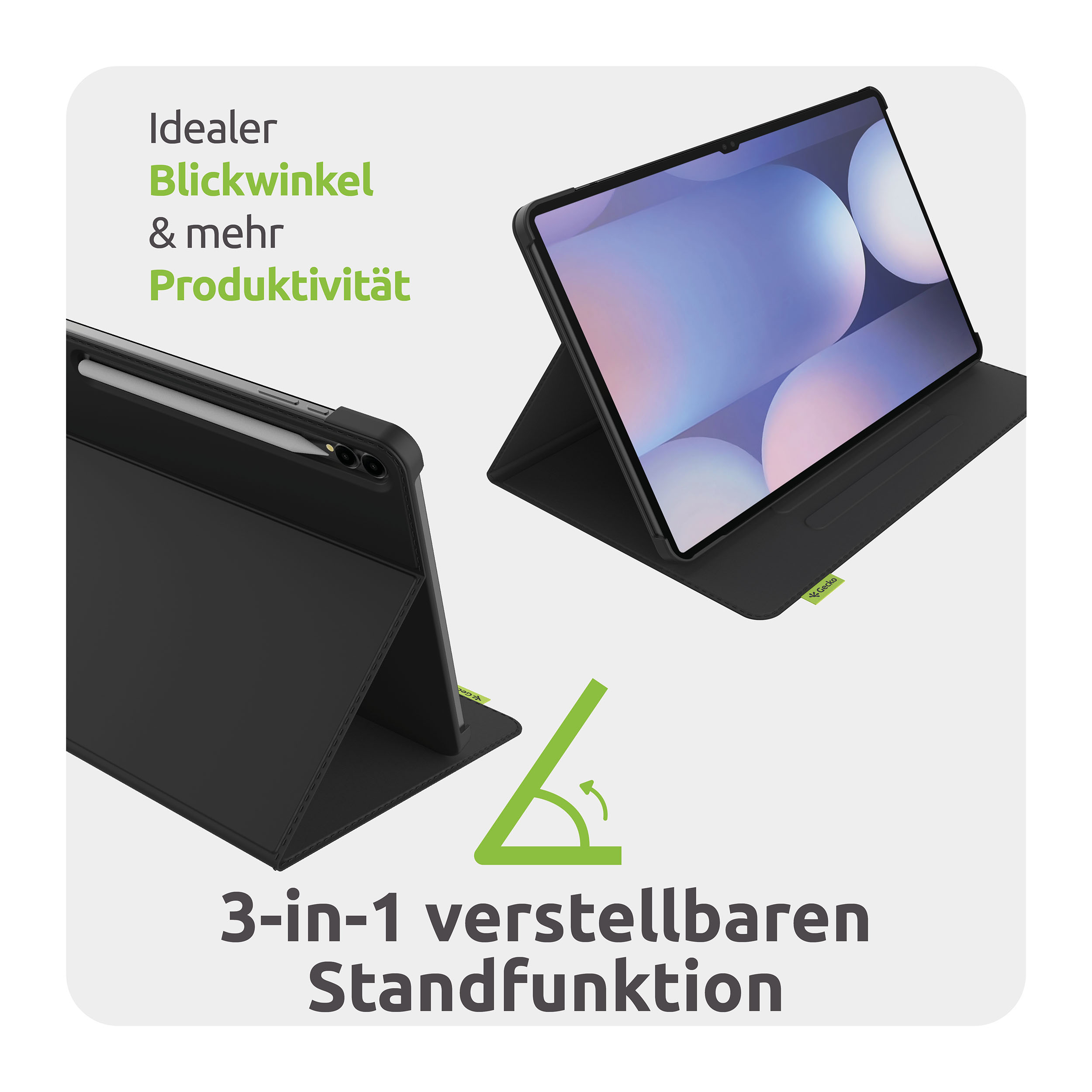 Schwarzes Tablet in einer Hülle, mit Stift. Text: 'Idealer Blickwinkel & mehr Produktivität'. Inklusive 3-in-1-Ständer.