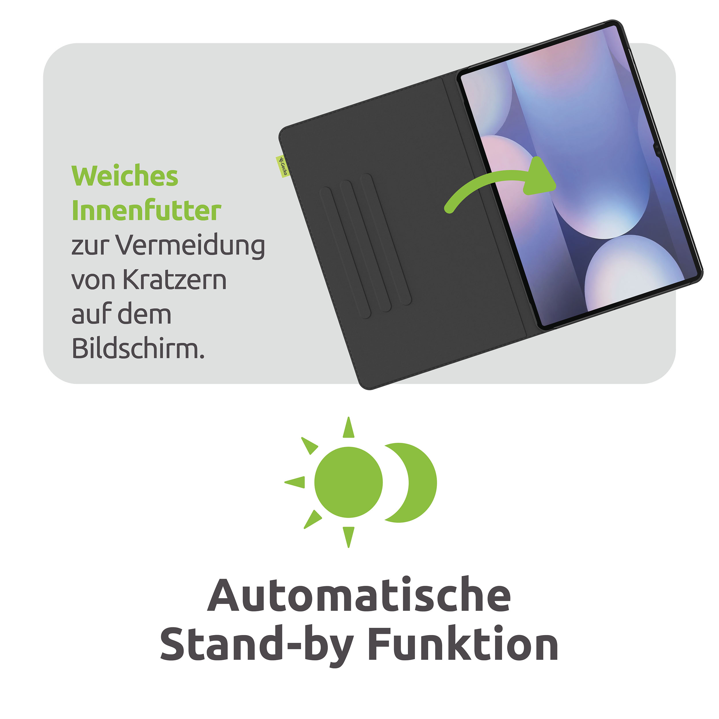 Eine offene schwarze Tablethülle mit einem Pfeil, der von der Hülle zum Tablet zeigt. Grüner Text und eine Sonne/Mond-Grafik sind ebenfalls abgebildet.