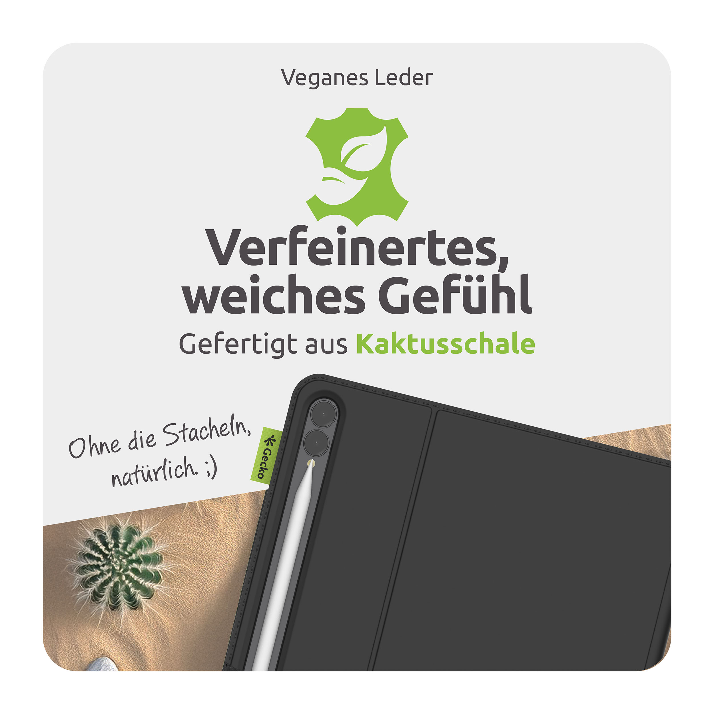 Das Bild zeigt Text über veganes Leder, einen Kaktus und eine schwarze Hülle mit Stift.