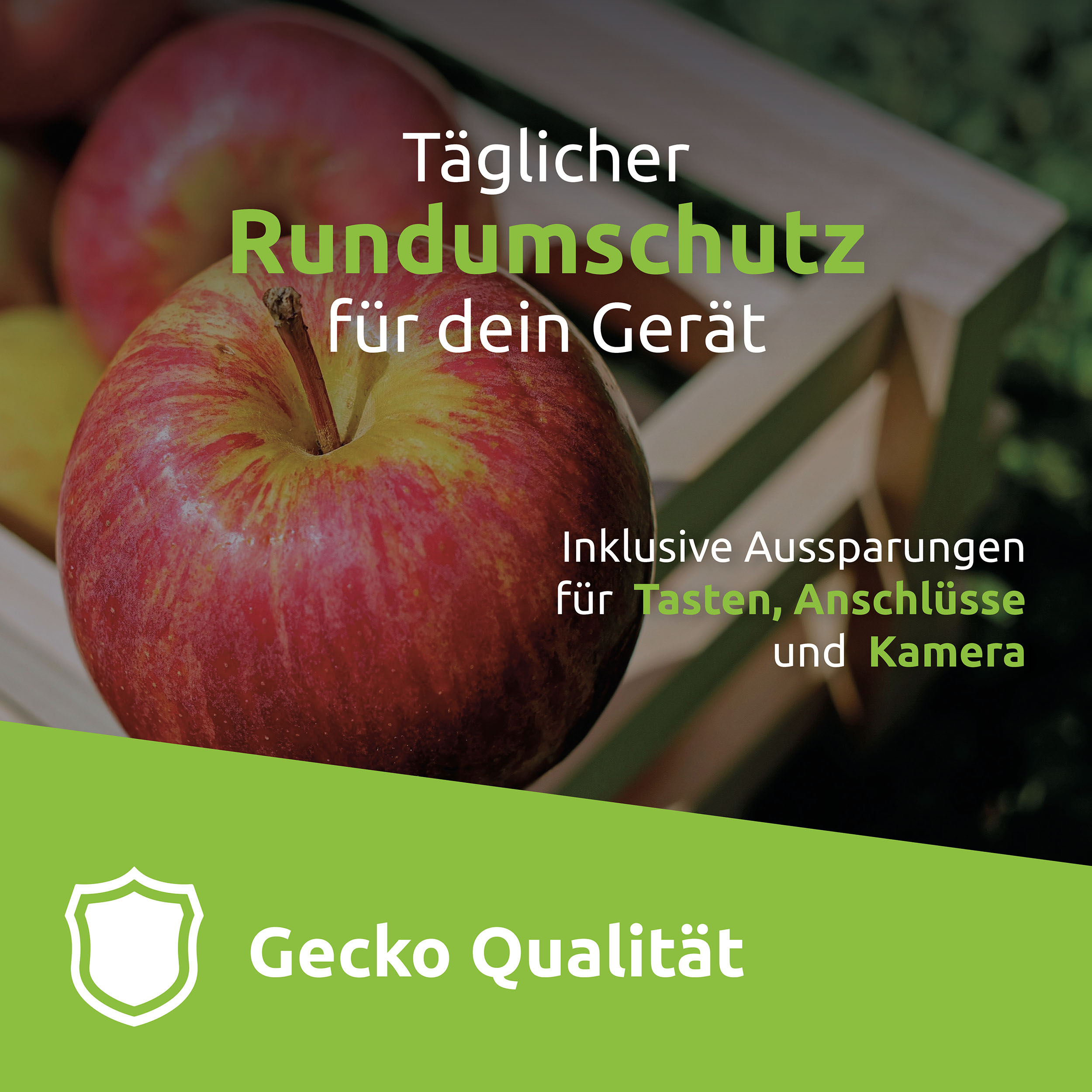 Ein Apfel mit rot-gelber Schale auf einer Holzkiste. Text in Deutsch, Werbung für Geräteschutz.