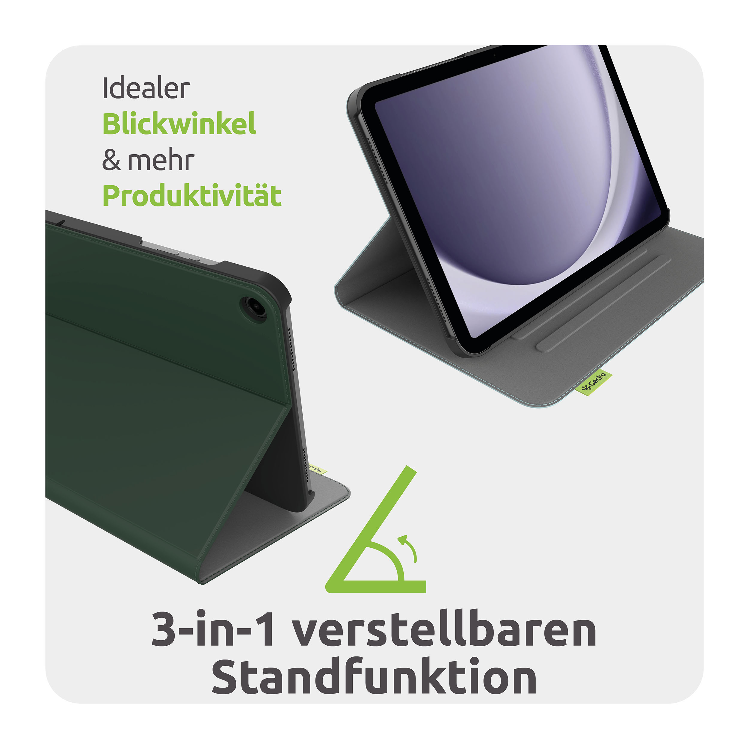 Ein iPad in einer grünen Hülle mit einem 3-in-1-verstellbaren Ständer und Text, der 'Idealer Blickwinkel & mehr Produktivität' sagt.