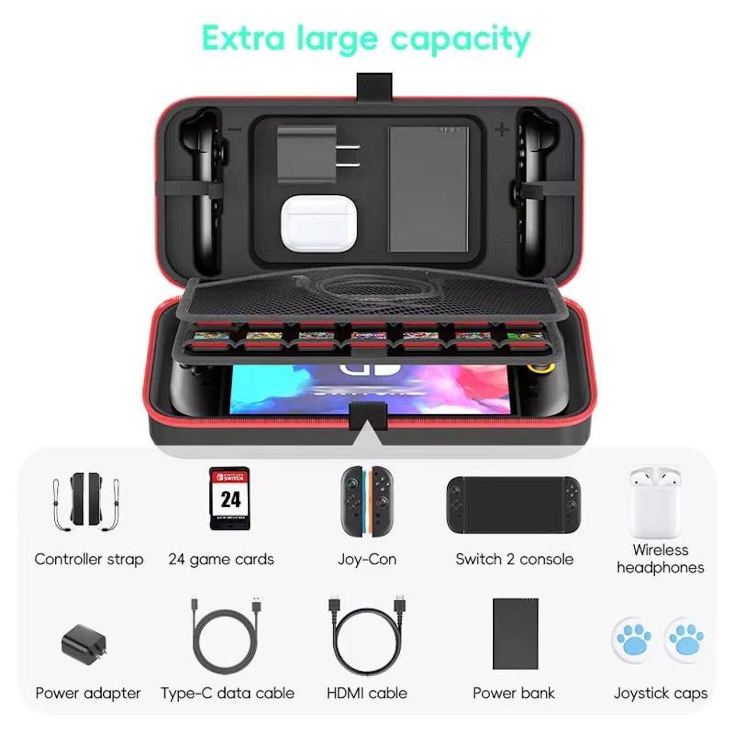 Offene Tragetasche mit Switch-Konsole, Spielen, Controllern, Kopfhörern, Kabeln, Powerbank, Adapter und Joystickkappen. Extra große Kapazität.