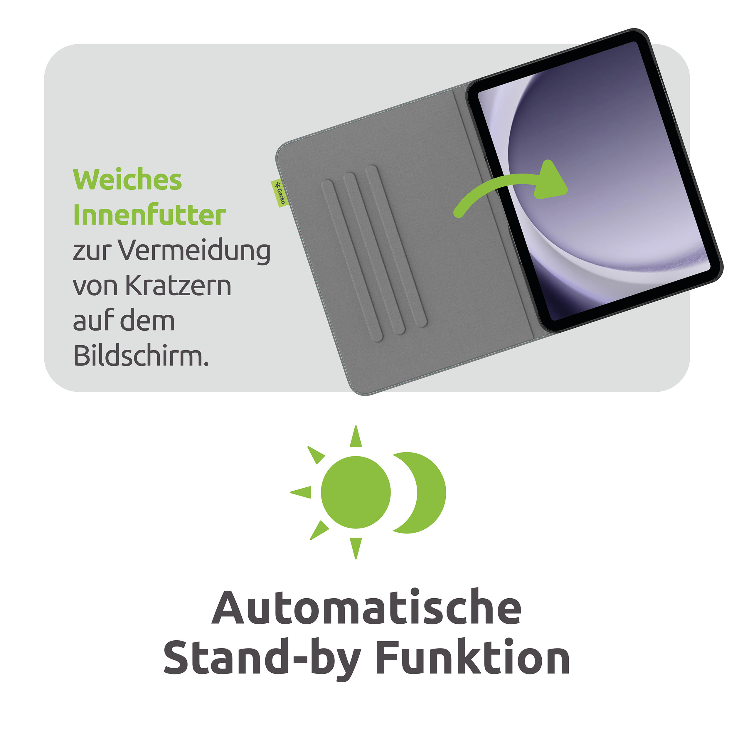 Ein iPad in einer grauen Hülle mit grünem Pfeil. Text: Weiches Innenfutter zur Vermeidung von Kratzern. Automatische Standby-Funktion.