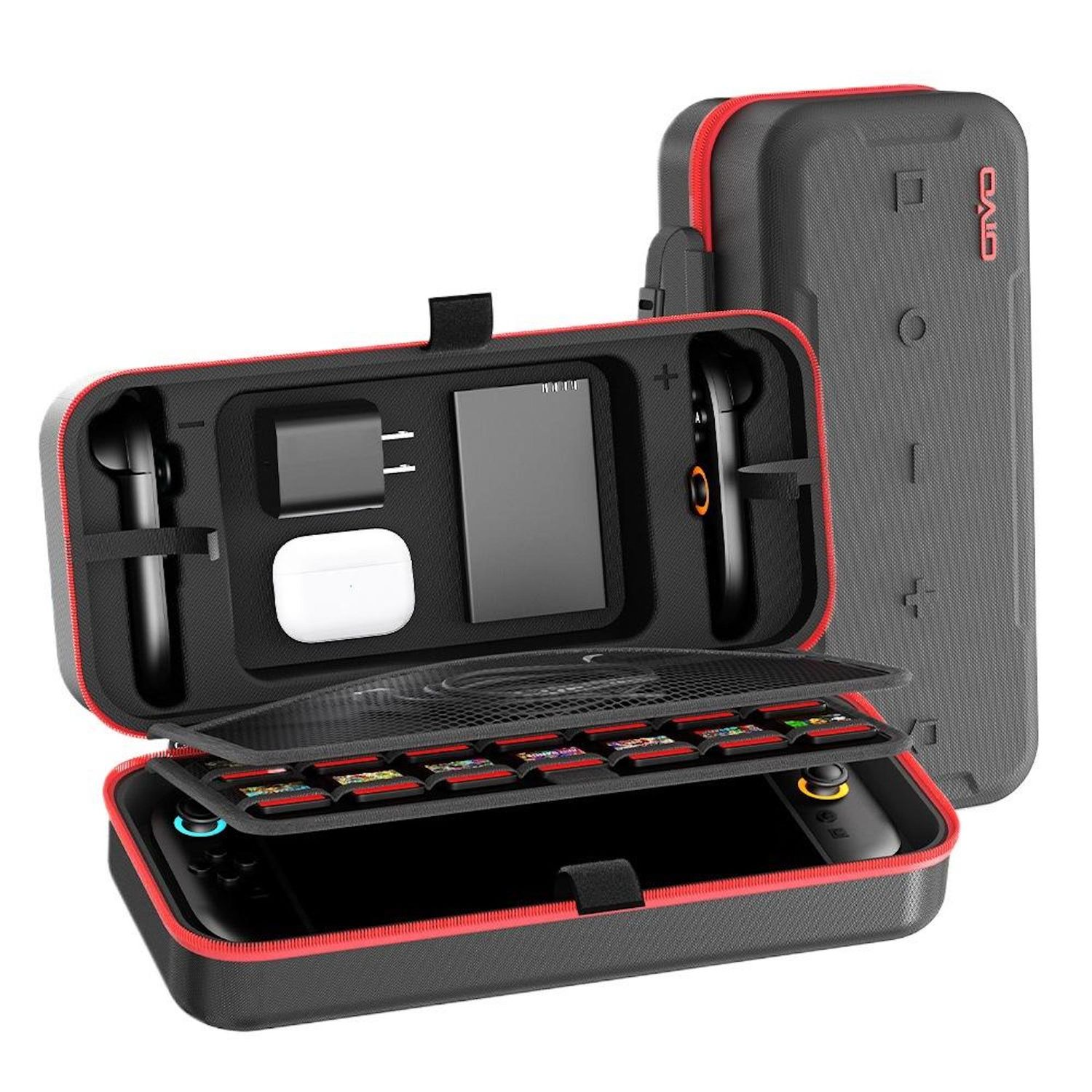 Eine schwarz-rote Tragetasche für eine Handheld-Spielkonsole, die geöffnet ist, um die Konsole, das Zubehör und Spielkassetten anzuzeigen.