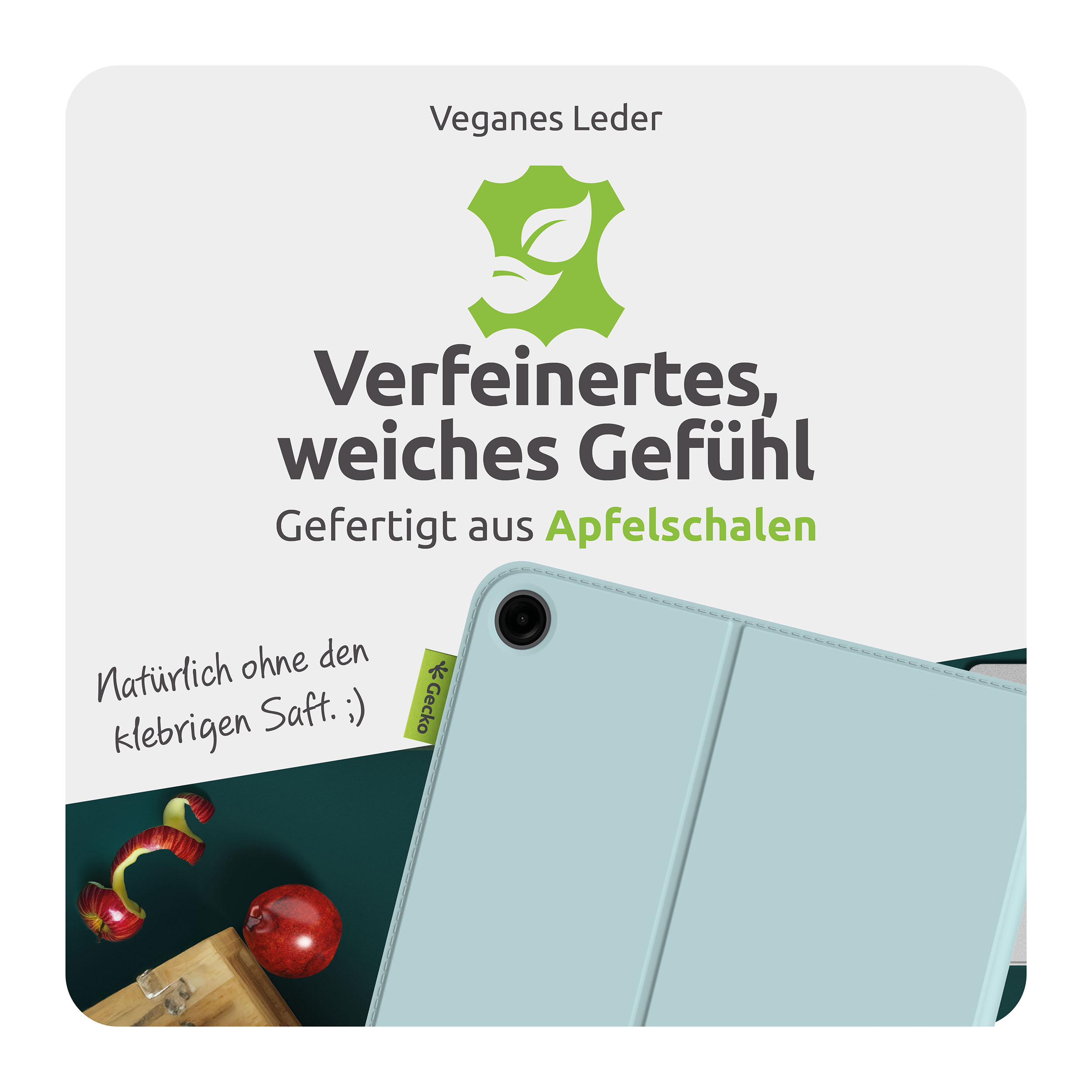 Das Bild zeigt eine Tablet-Hülle mit Text über veganes Leder aus Apfelschalen. Äpfel und Schalen sind ebenfalls abgebildet.