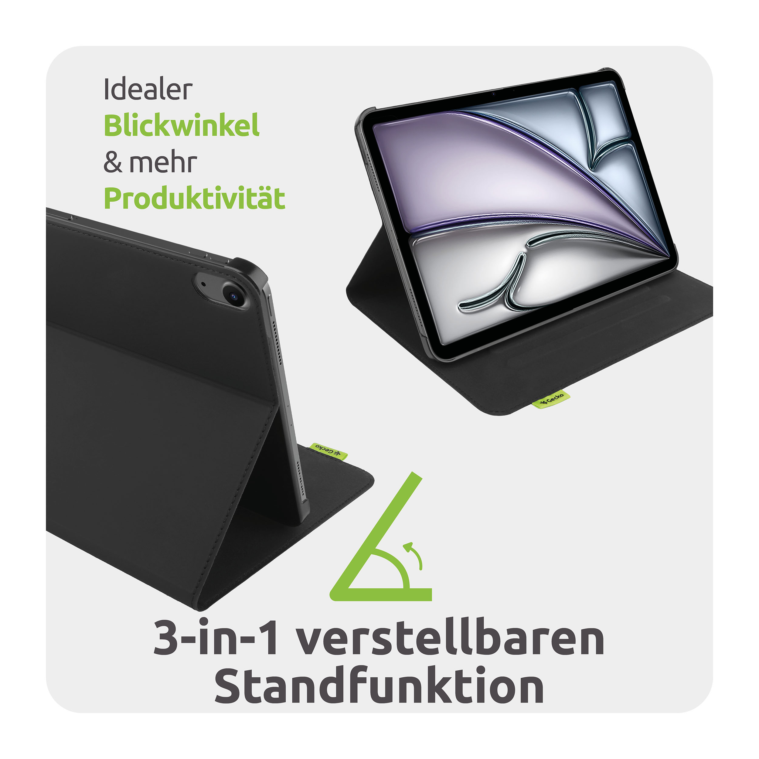 Trois étuis pour tablettes sont montrés, chacun avec un iPad. Le texte met en évidence les angles de vision idéaux et le support réglable 3-en-1.