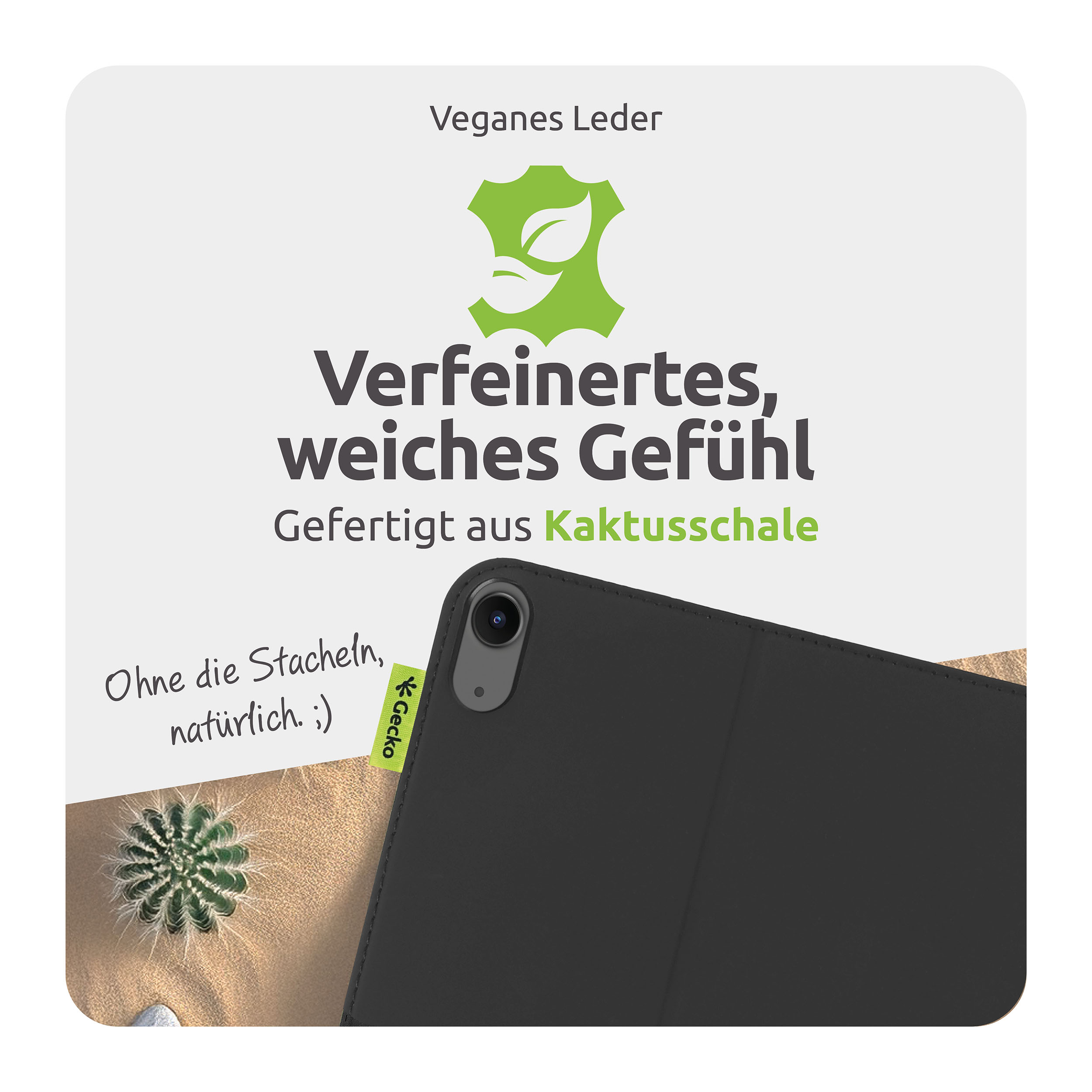 Étui de tablette noir avec cactus, sable et texte. Le texte dit 'Cuir Végétal' et 'Fabriqué à partir de peau de cactus'.