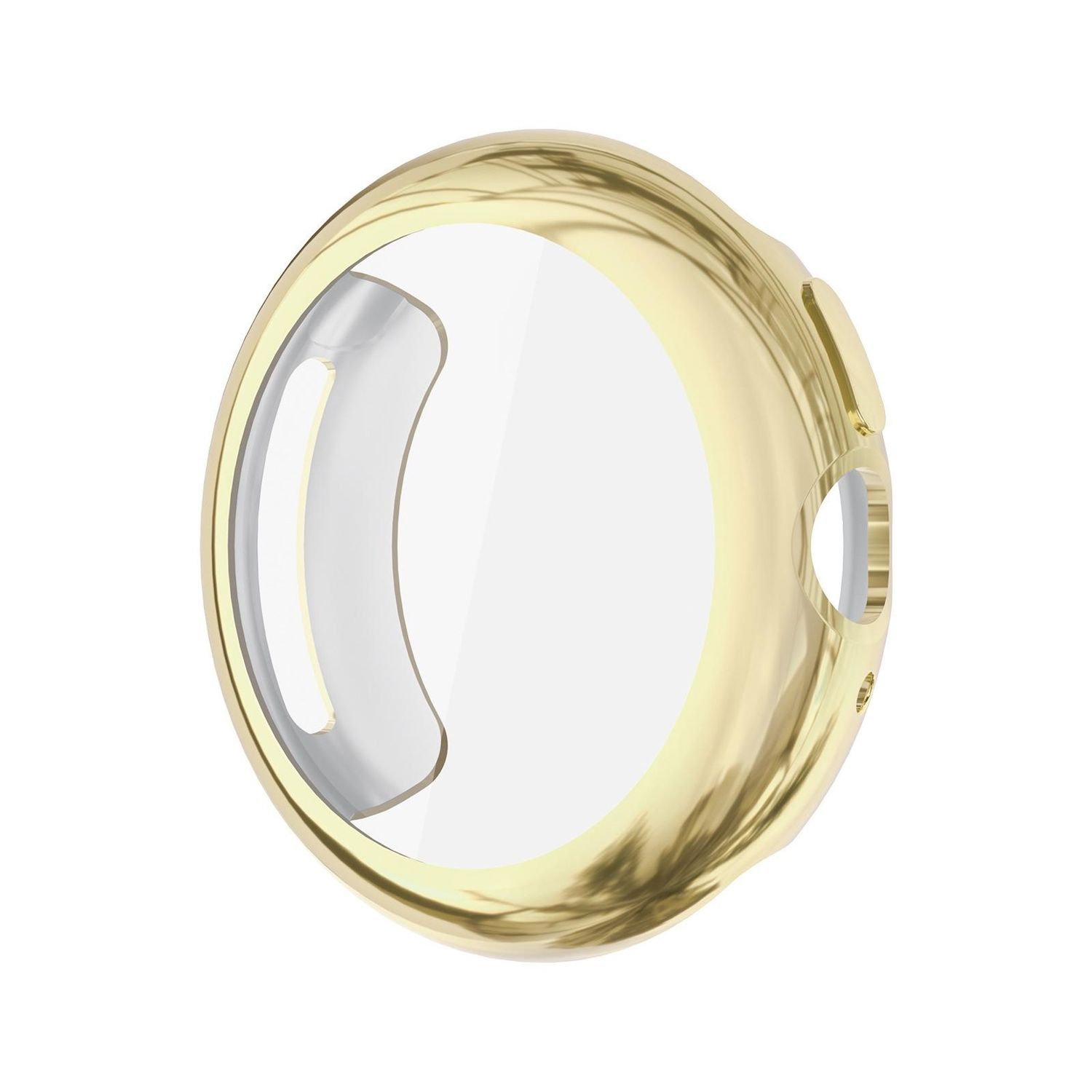 Una cassa di orologio circolare color oro con una protezione schermo curva trasparente. La cassa ha una superficie liscia e riflettente.