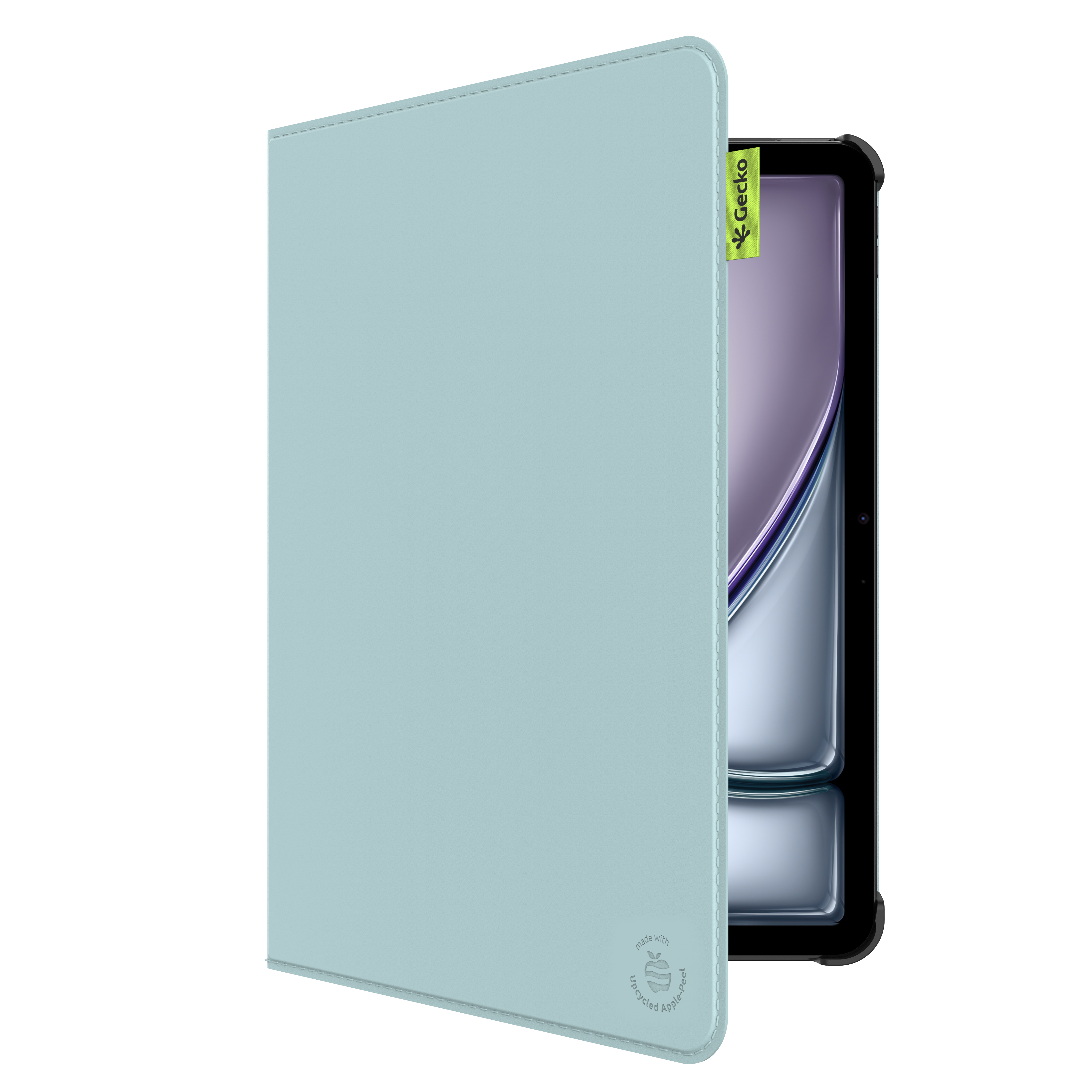 Une tablette dans un étui bleu clair. L'étui est partiellement ouvert pour révéler l'écran de la tablette. Fond blanc.