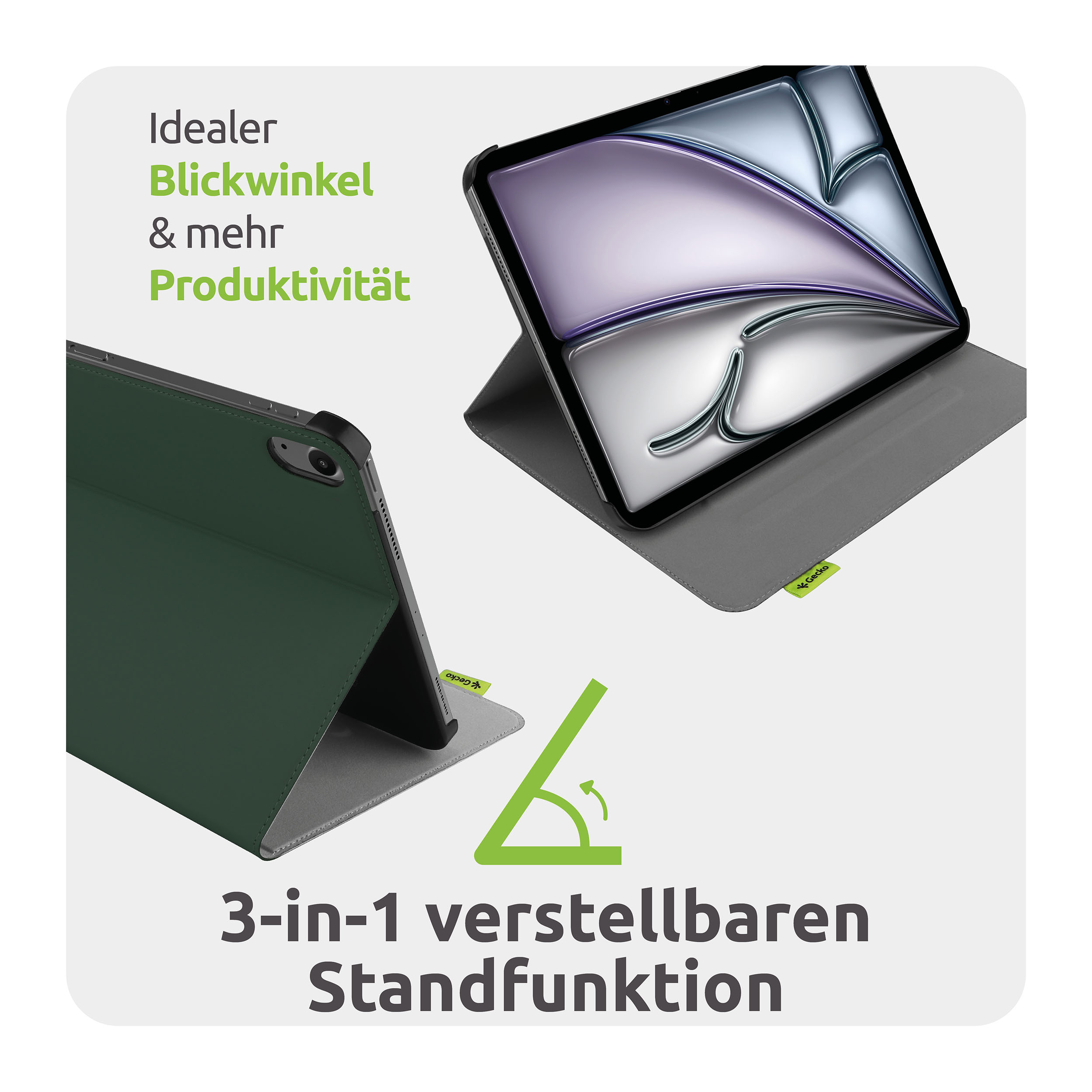 Un iPad dans un étui vert avec support réglable. Le texte comprend : Vue idéale, plus de productivité et fonction de support 3 en 1.