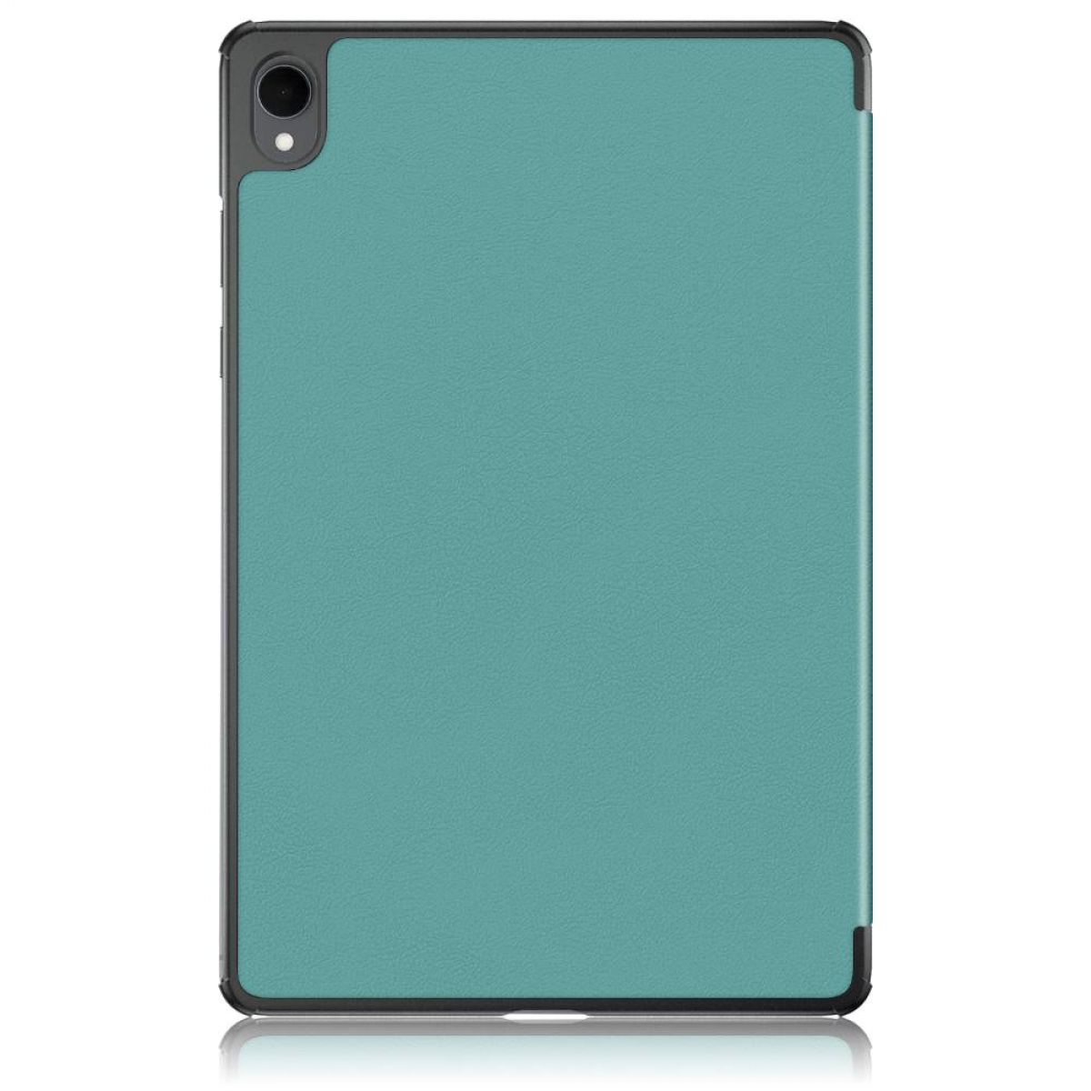 Ein Tablet in einer teal-farbenen Hülle. Die Hülle hat einen schwarzen Rahmen und eine Kameralinse in der oberen linken Ecke.