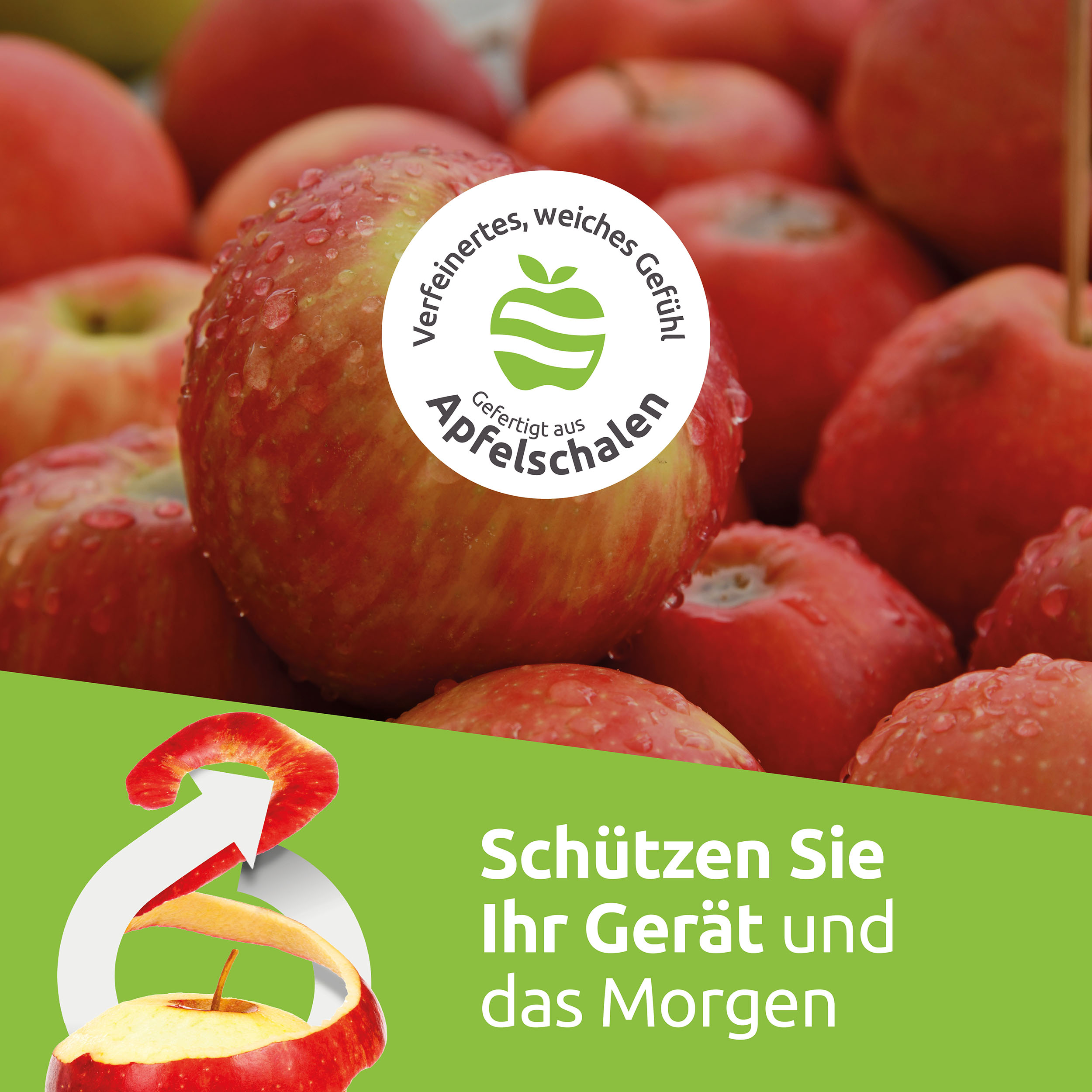 Gros plan sur des pommes rouges avec des gouttelettes d'eau. Un logo et du texte sont visibles. Une peau de pomme avec une flèche est en bas à gauche.