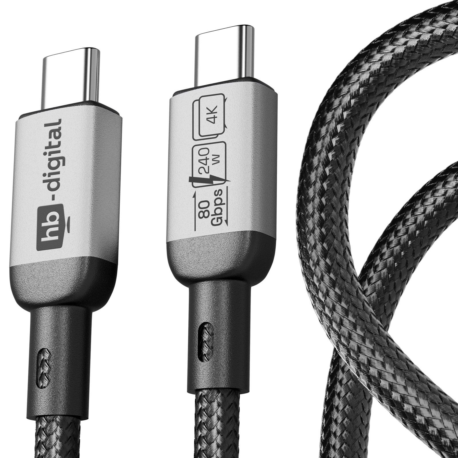 Drei USB-C-Kabel. Zwei liegen nebeneinander, das dritte ist ein gebogenes Kabel. Die Kabel sind schwarz und grau. Ein Etikett lautet hb-digital.