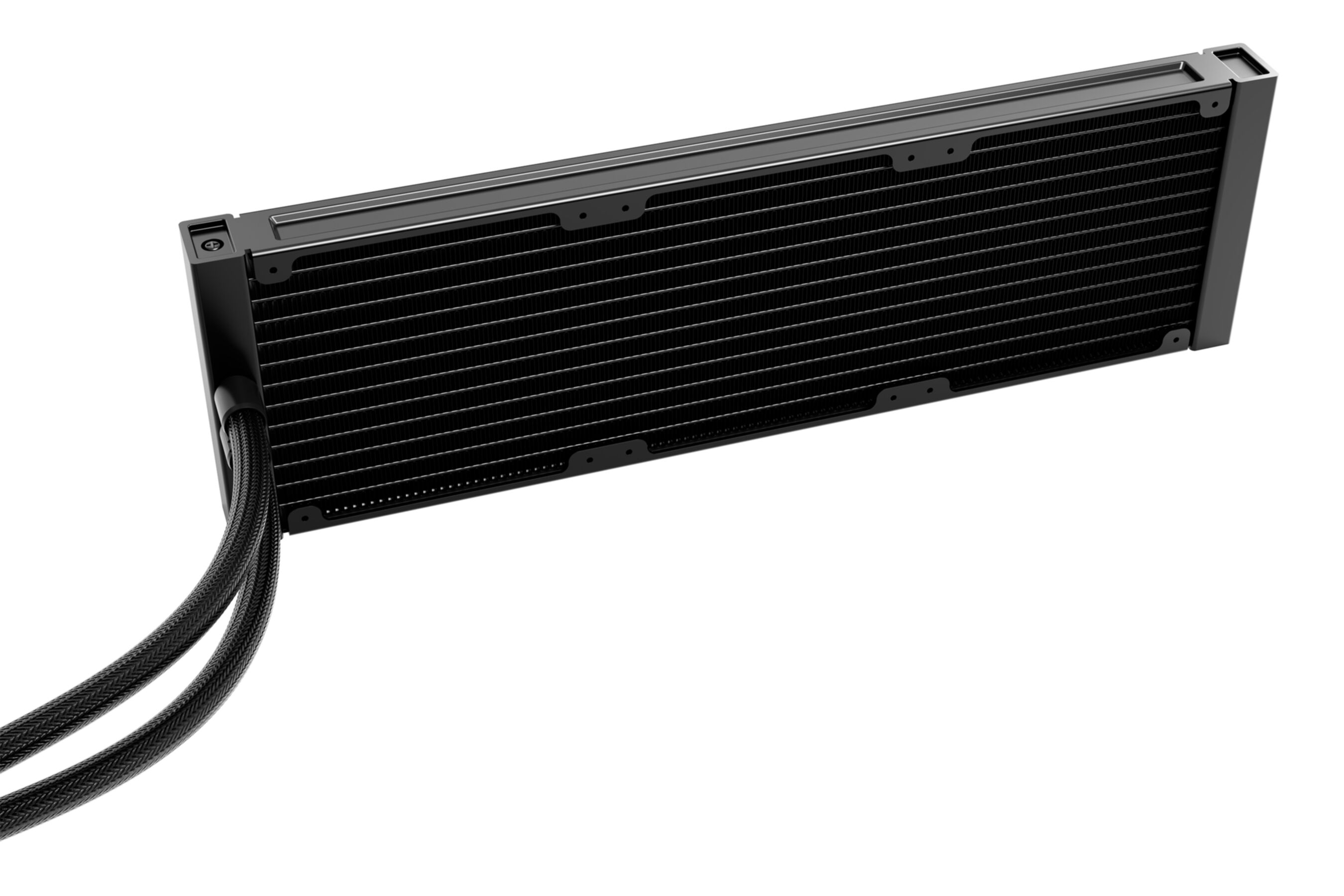 Black computer liquid cooler radiator with tubes, on a white background. Front view. 