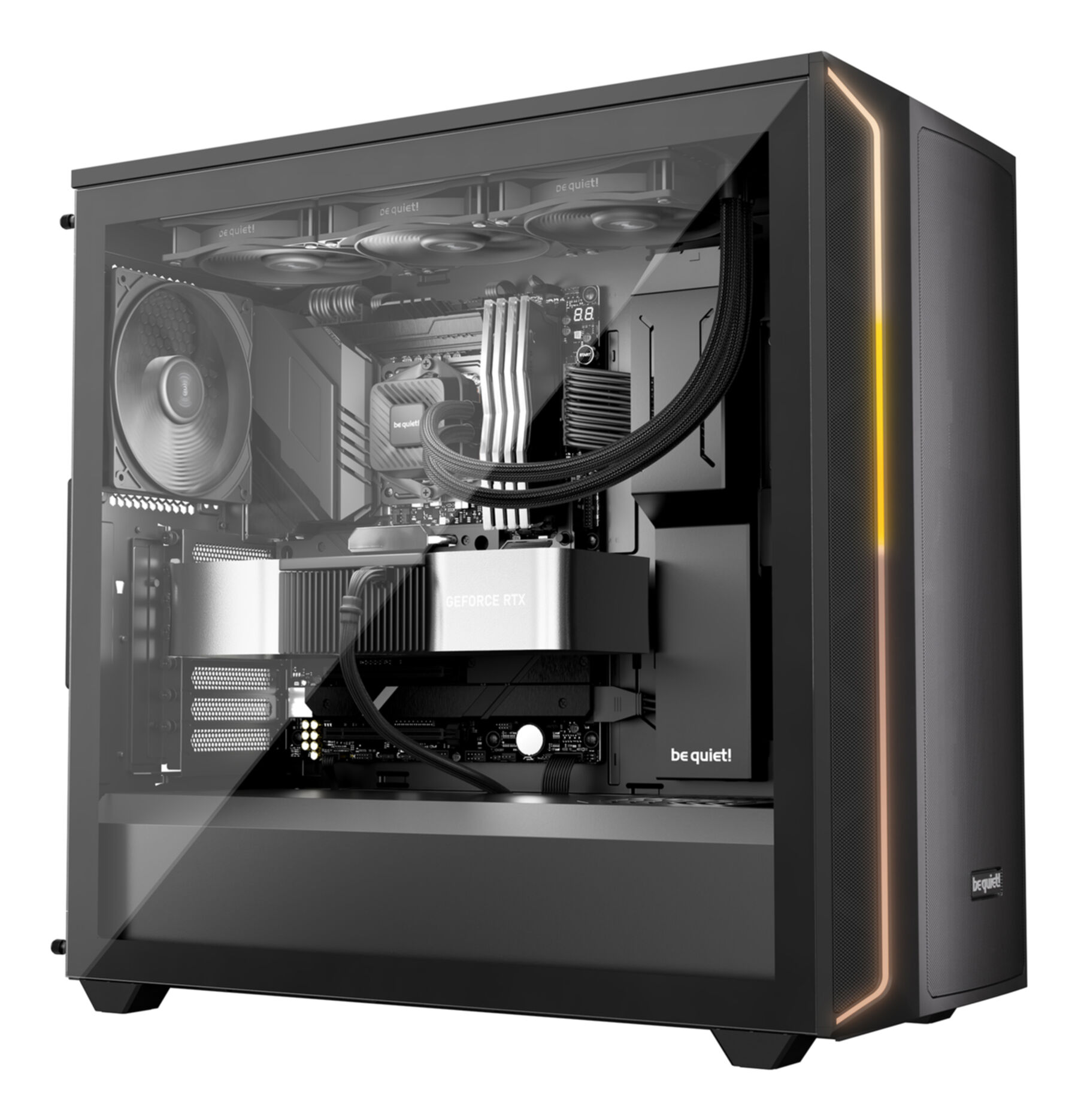 A black computer case with a glass side panel, displaying internal components like a graphics card, fans, and CPU cooler.