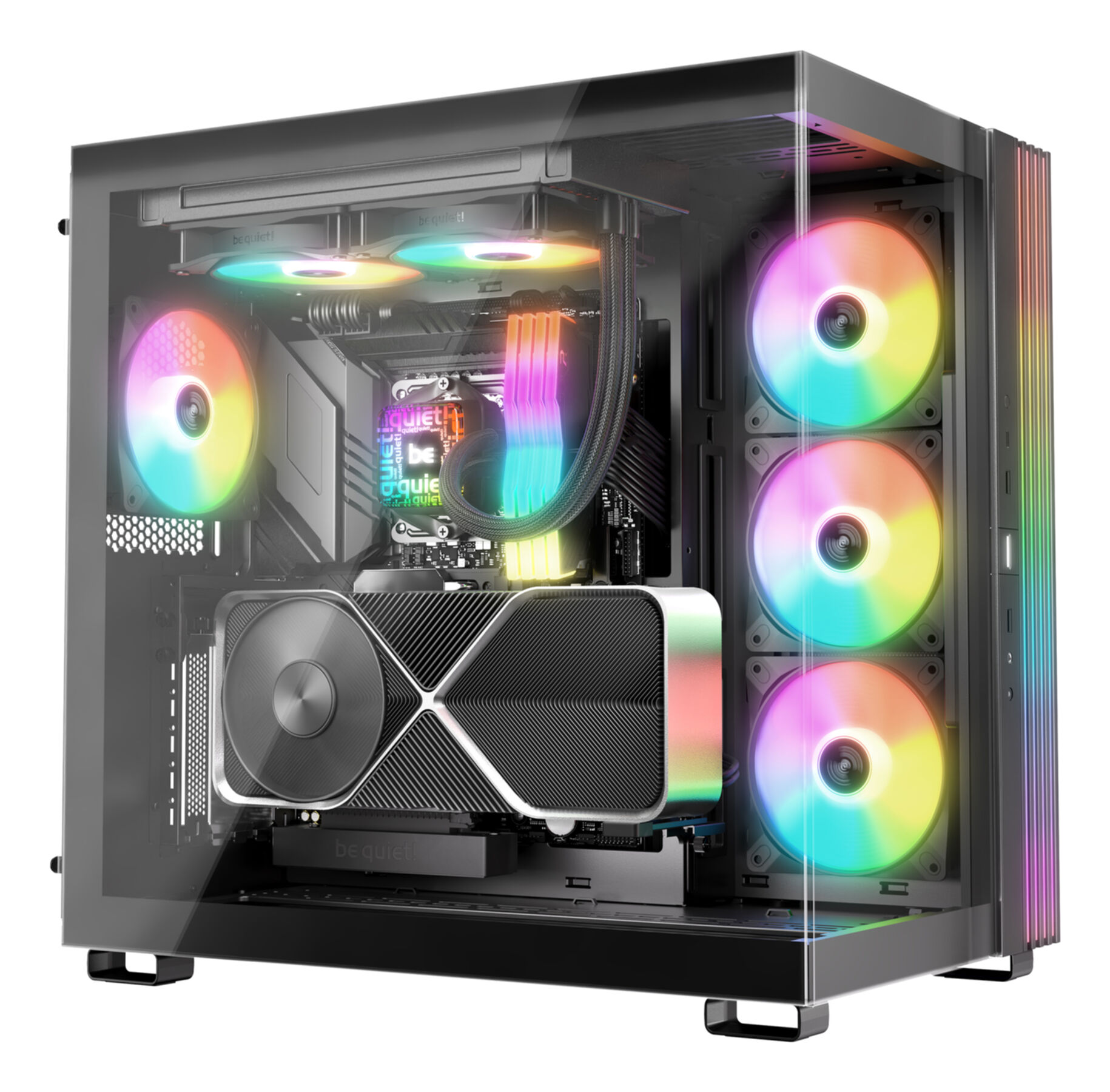 A computer case with RGB fans. The case has a glass panel showing components like a GPU and CPU cooler.