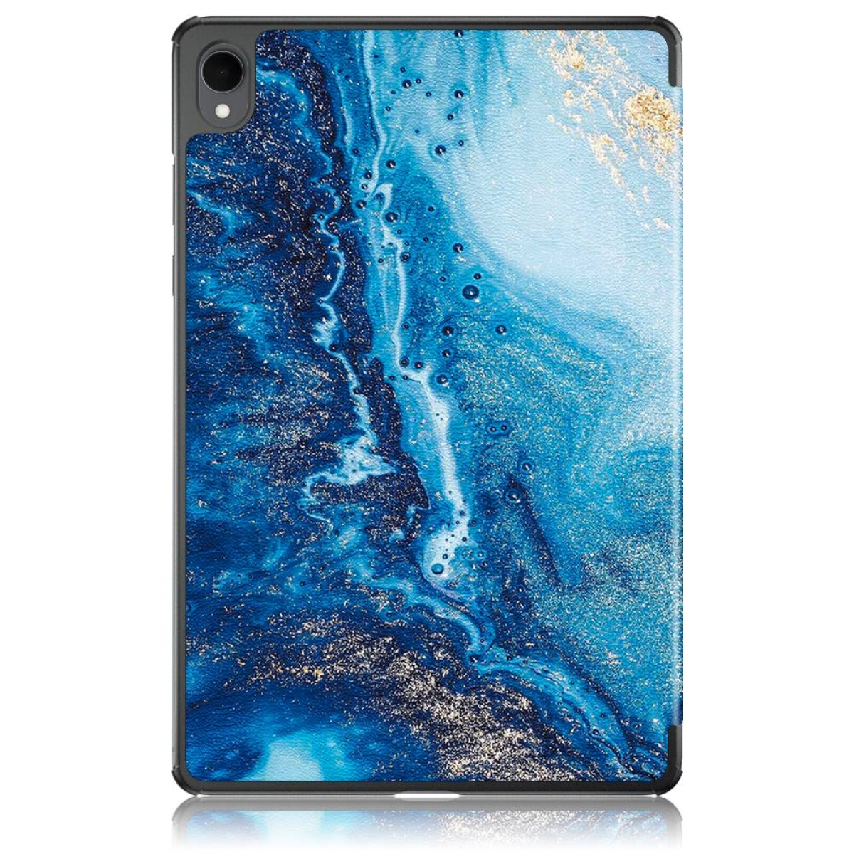Tablet-Hülle mit blauem und goldenem Marmordesign. Die Hülle hat einen dunklen Rahmen und eine glänzende Oberfläche mit Spiegelung.