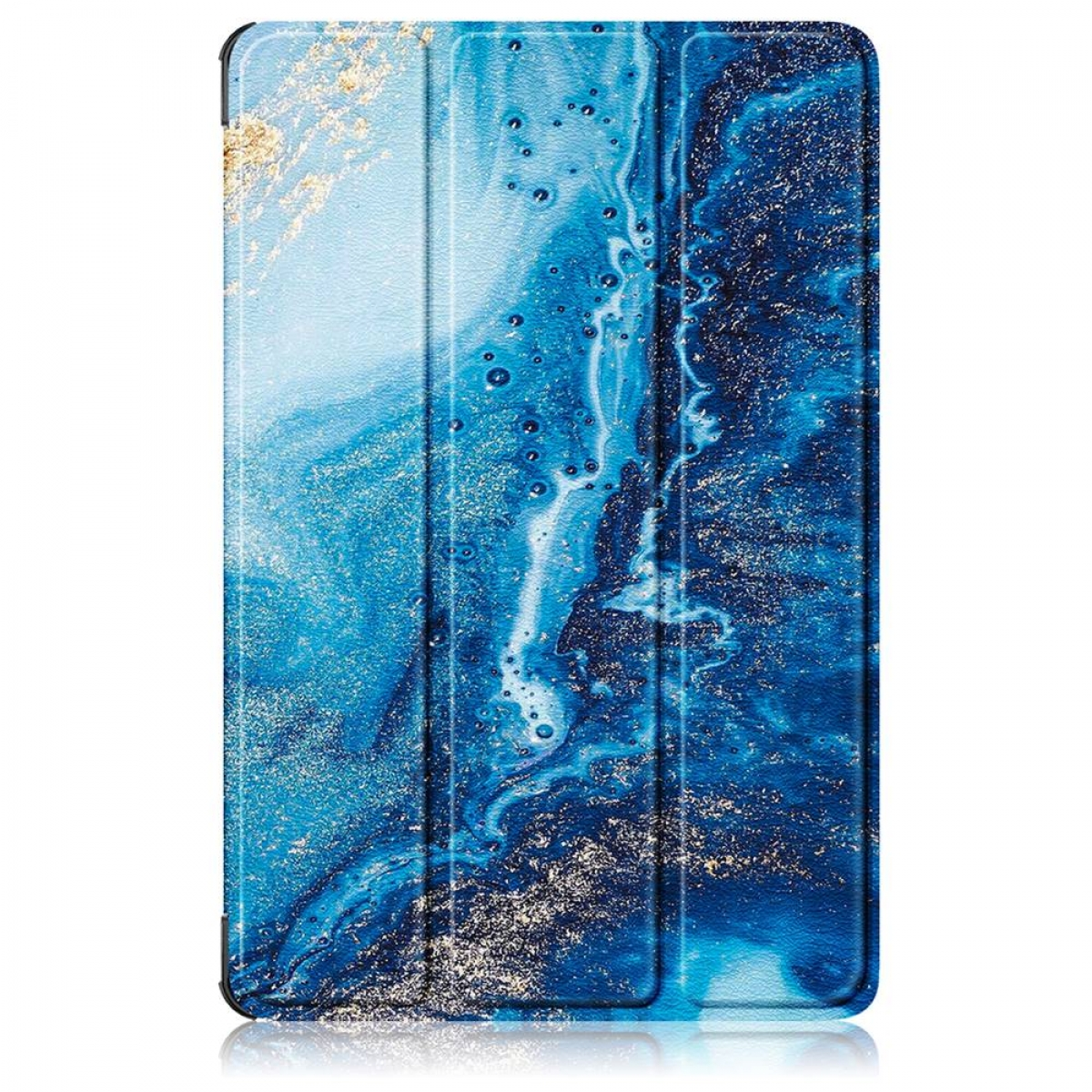 Eine Tablet-Hülle mit blauem Marmormuster, mit Wirbeln aus Gold und Weiß. Die Hülle ist rechteckig mit schwarzem Rand.