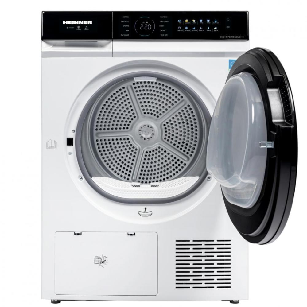 A white dryer with an open black door. The drum is visible. The control panel is on top with display. The brand is Heinner.