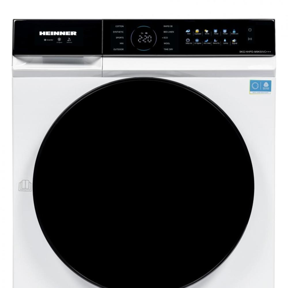A white washing machine with a black door. The control panel displays settings and a timer. The brand name is HEINNER.