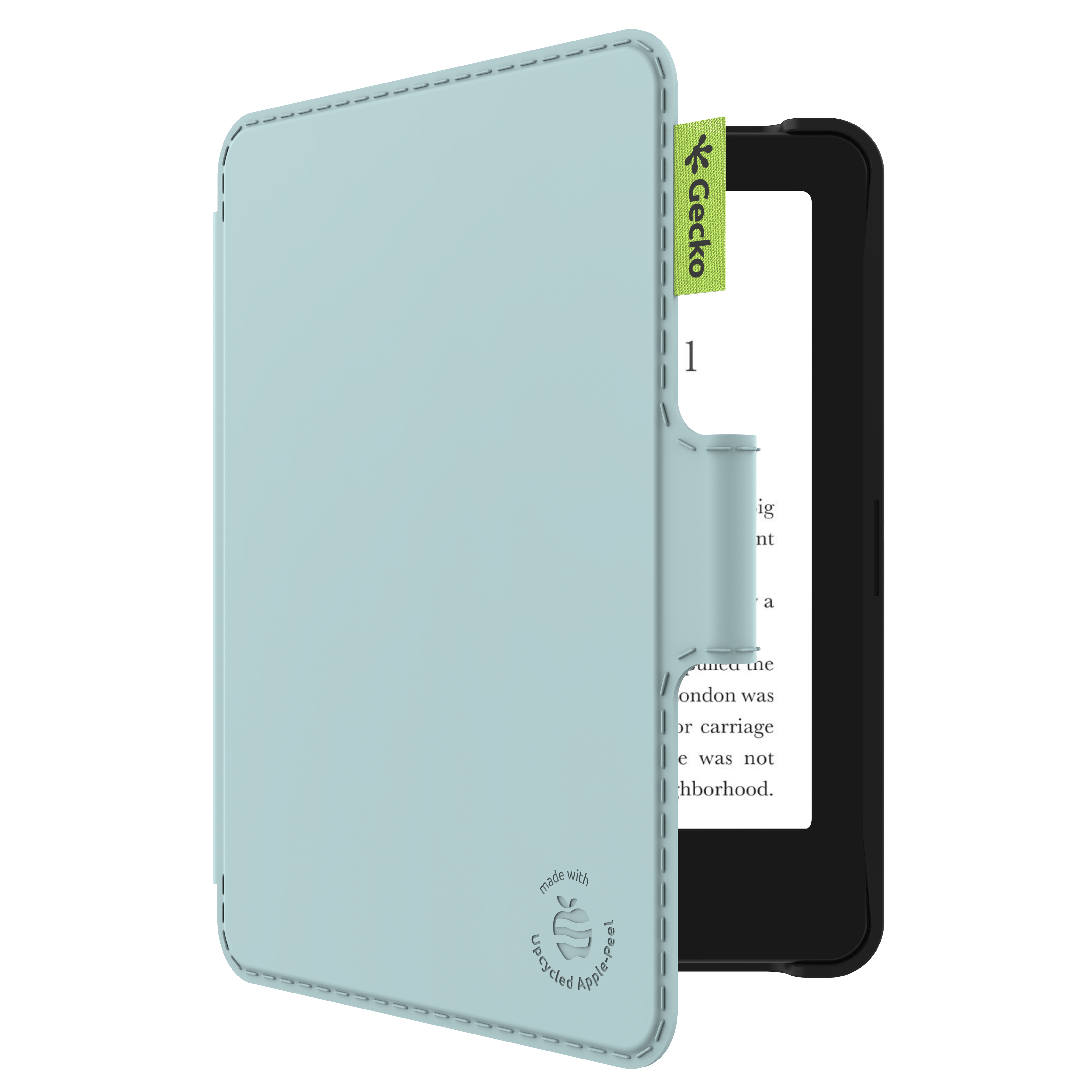 Eine hellblaue E-Book-Hülle mit Nähten, ein grünes Gecko-Etikett und ein schwarzer E-Book-Bildschirm sind sichtbar.