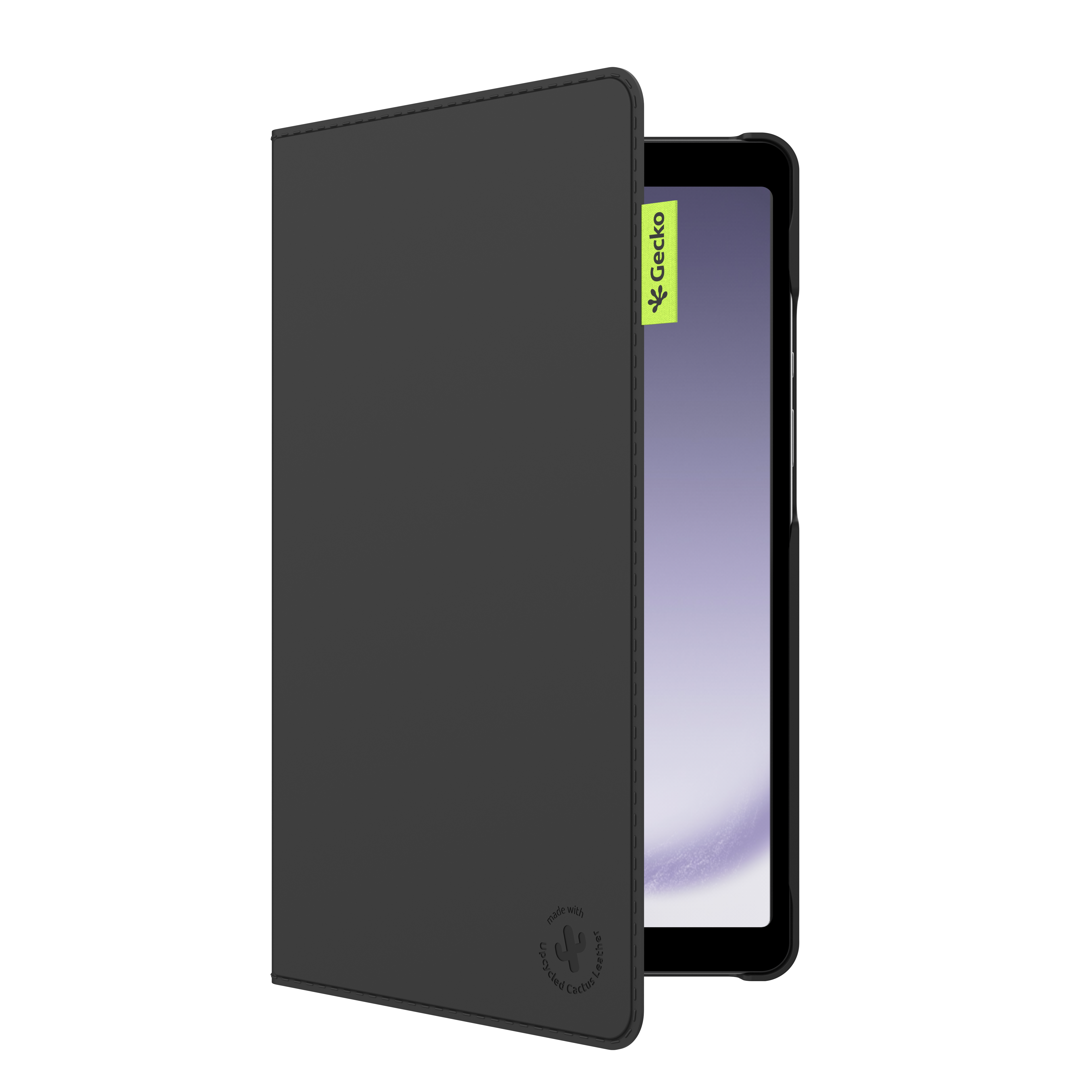 Schwarze Tablethülle mit Tablet. Die Hülle besteht aus recyceltem Kaktusleder und hat ein Gecko-Logo.