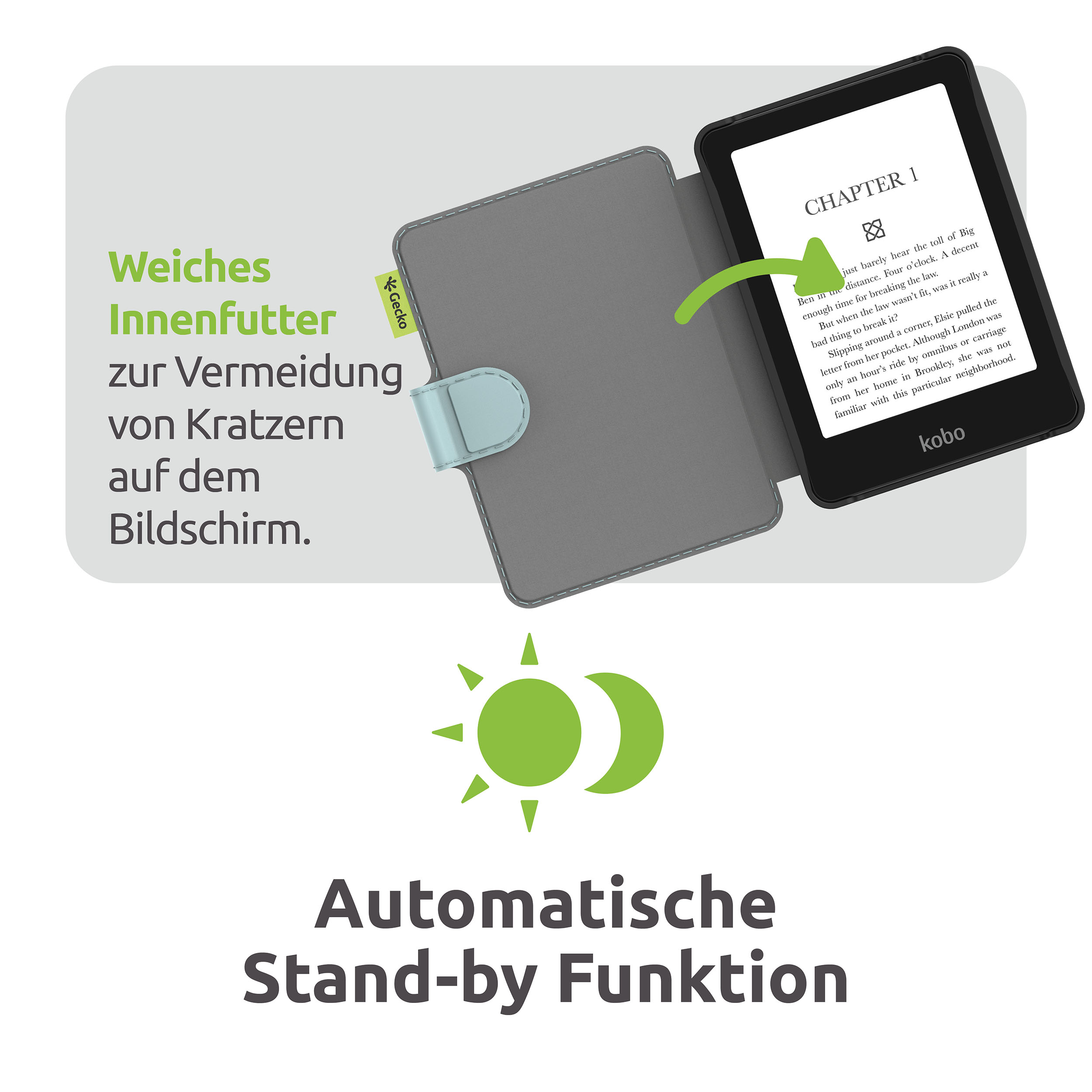 Ein E-Reader mit Text auf dem Bildschirm, neben einem grauen Etui. Text auf Deutsch und Englisch. Sonnen- und Mondsymbol.