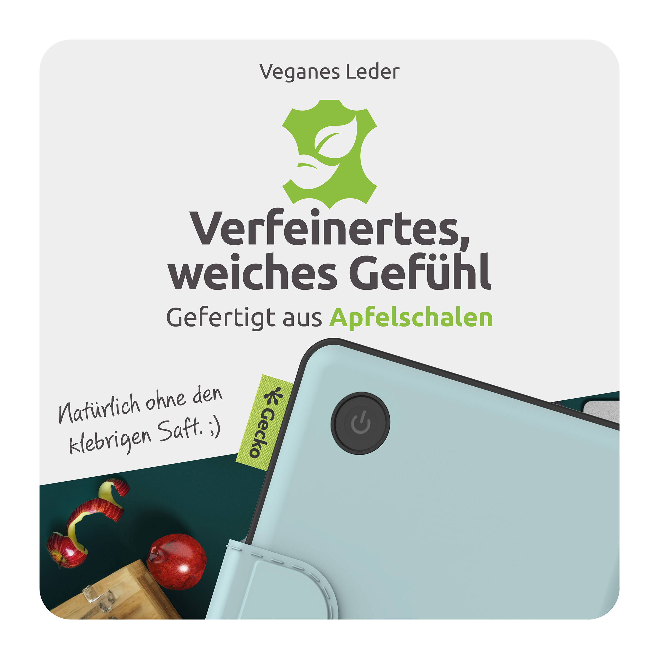 Das Bild zeigt veganes Leder aus Apfelschalen. Eine Handyhülle mit einem Ein- / Aus-Knopf und ein Apfel auf einem Holzblock sind zu sehen.