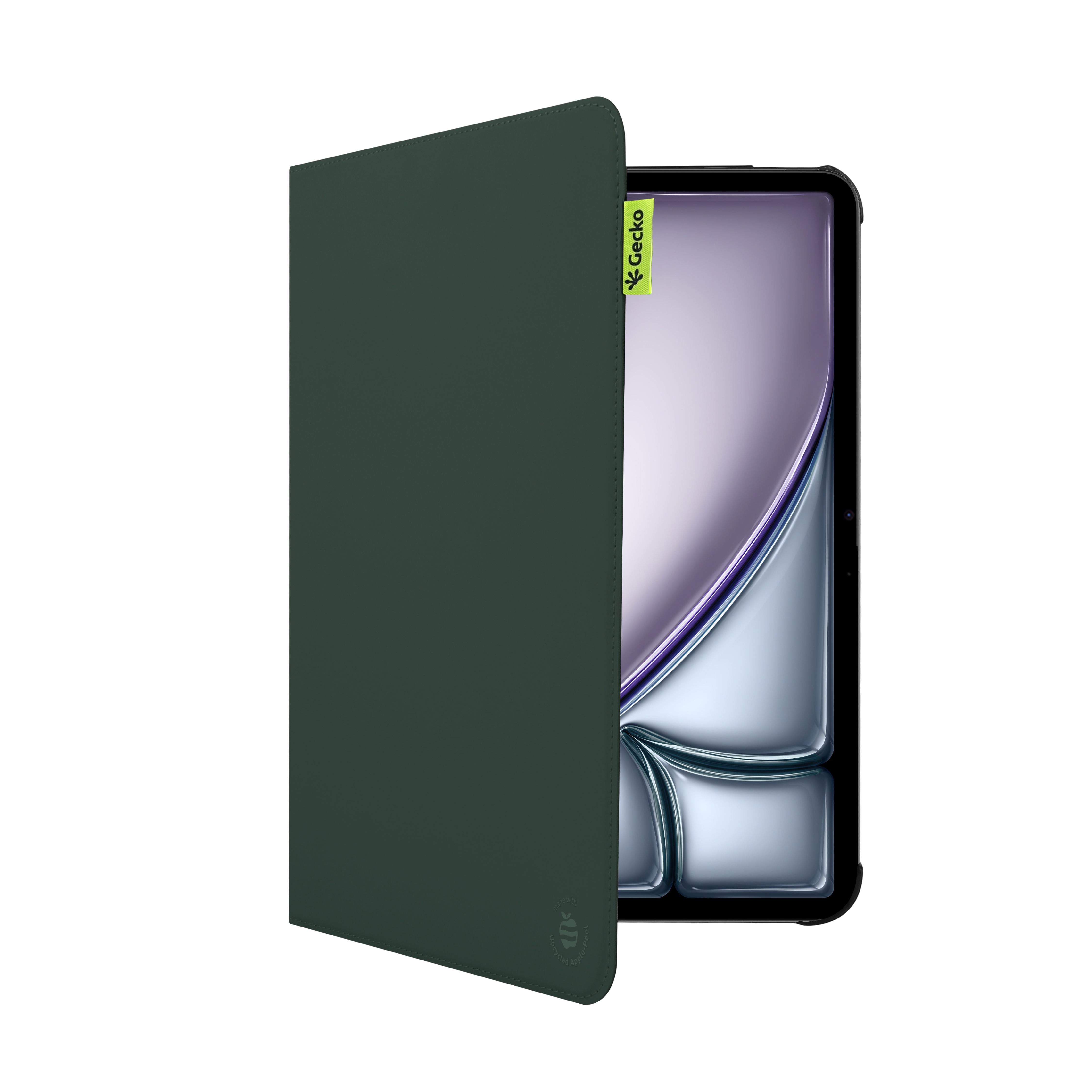 Custodia verde per tablet con un tablet all'interno. La custodia ha un'etichetta Gecko. Il tablet ha un design viola e argento.