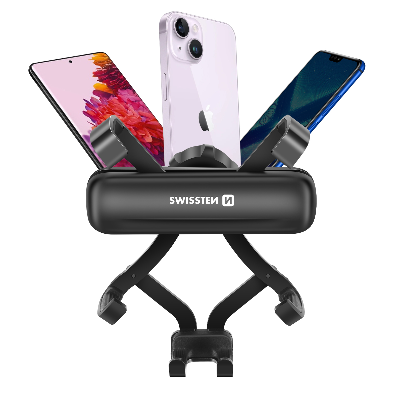 Un supporto per telefono per auto nero con tre telefoni, uno rosa, uno viola e uno blu, tutti su sfondo bianco.