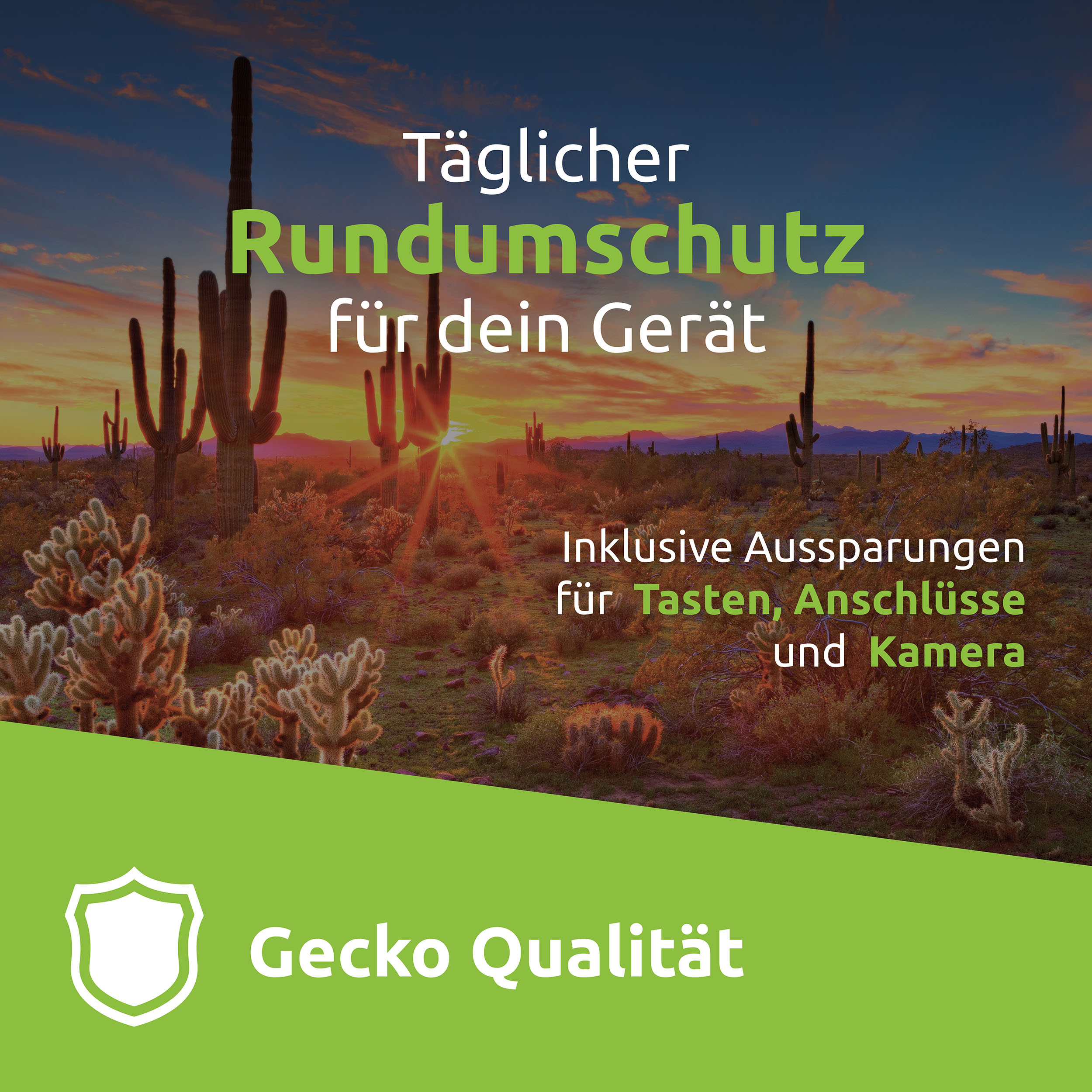 Wüstenlandschaft mit Kakteen und Sonnenuntergang. Text auf Deutsch wirbt für Geräteschutz.