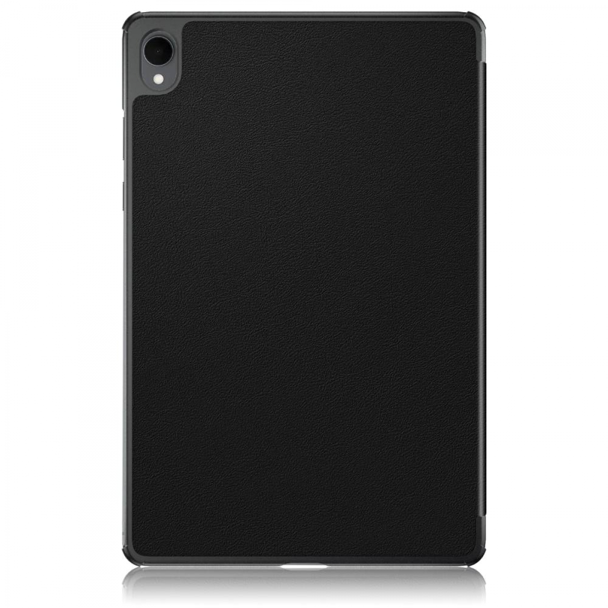 Eine schwarze Tablet-Hülle. Die Hülle ist rechteckig mit strukturierter Oberfläche. Eine Kameralinse ist oben links sichtbar.
