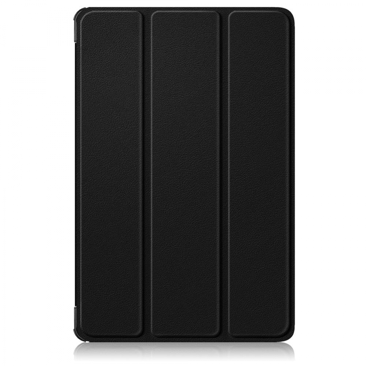 Gezeigte schwarze Tablet-Hülle, gefaltet. Sie hat drei Paneele mit strukturierter Oberfläche. Der Hintergrund ist weiß.