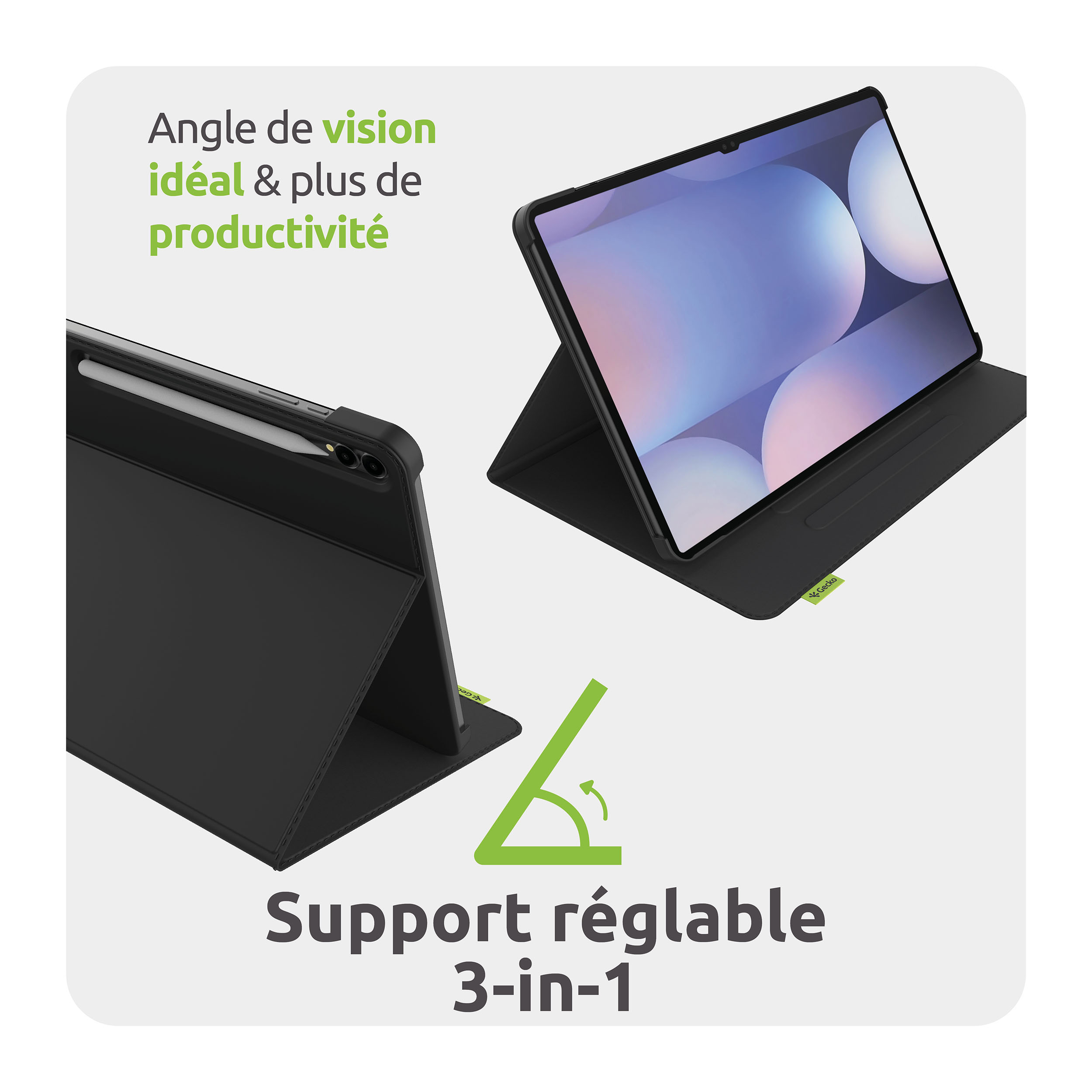 Schwarze Tablet-Hüllen, eine offen, eine geschlossen, mit Text: Angle de vision idéal & plus de productivité, Support réglable 3-in-1.