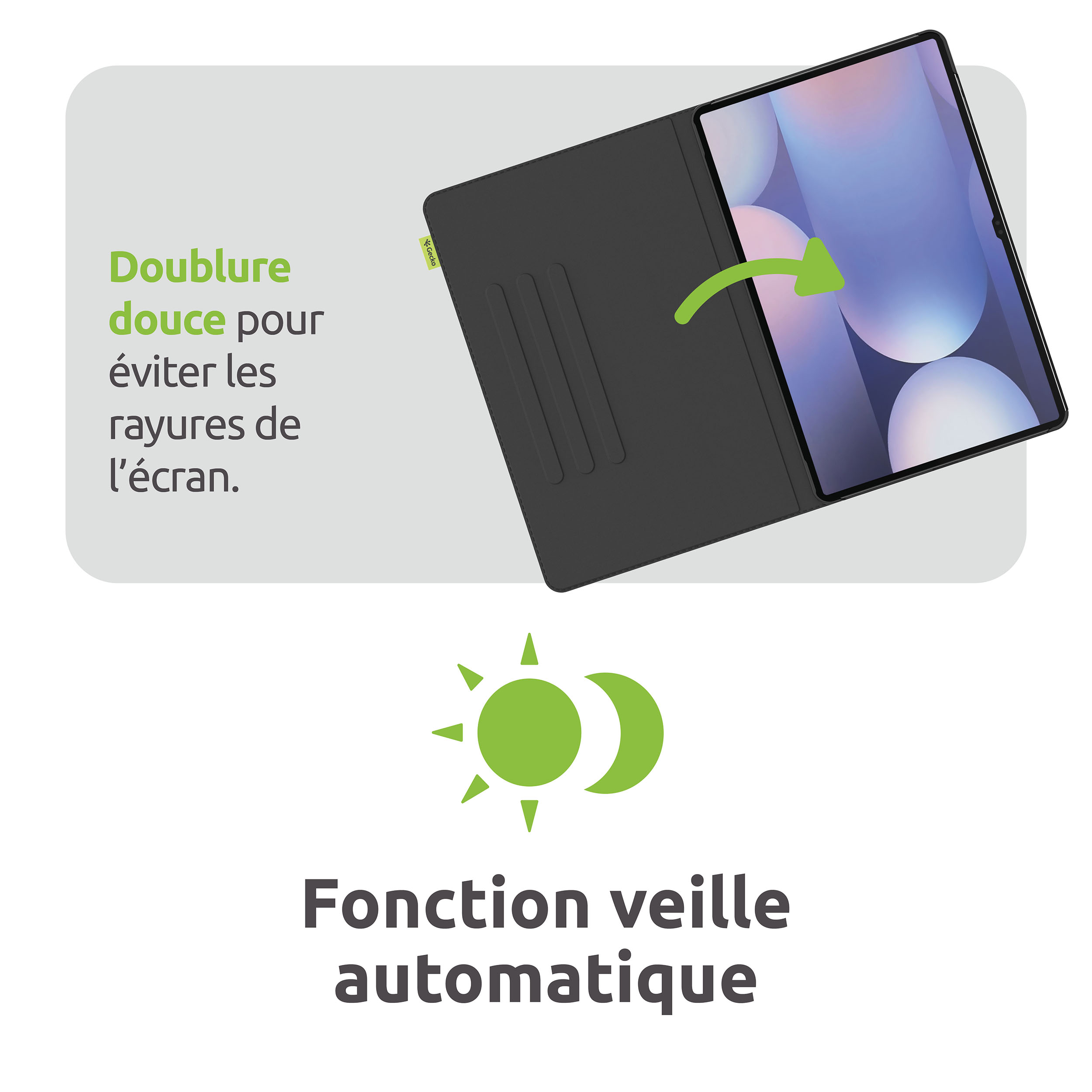 Offenes Tablet in schwarzem Gehäuse, grüner Pfeil zeigt darauf. Text über Bildschirmschutz und automatische Schlaf-Funktion.