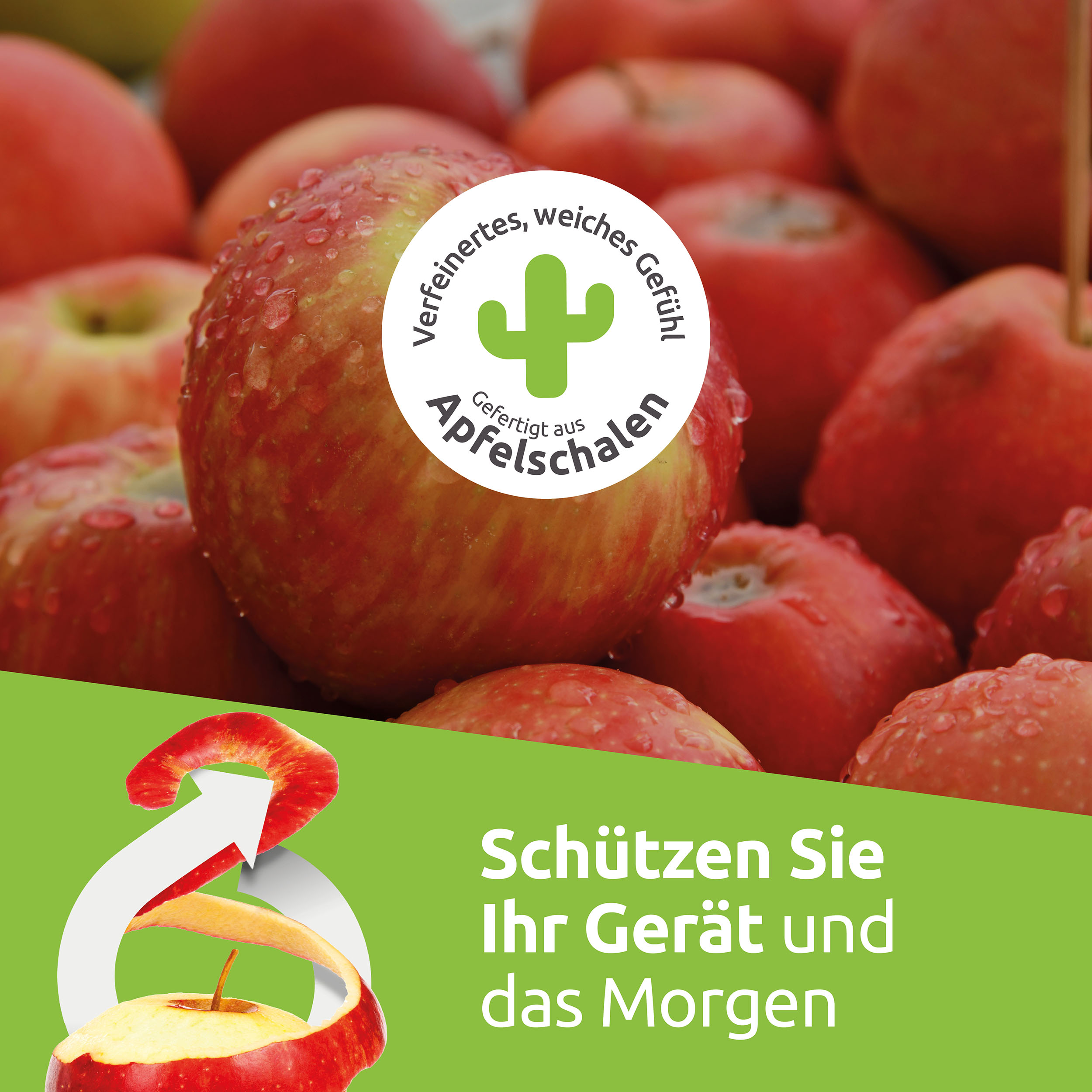 Nahaufnahme von roten Äpfeln mit Wassertropfen. Ein Logo befindet sich auf einem Apfel und ein geschälter Apfel in der linken Ecke.