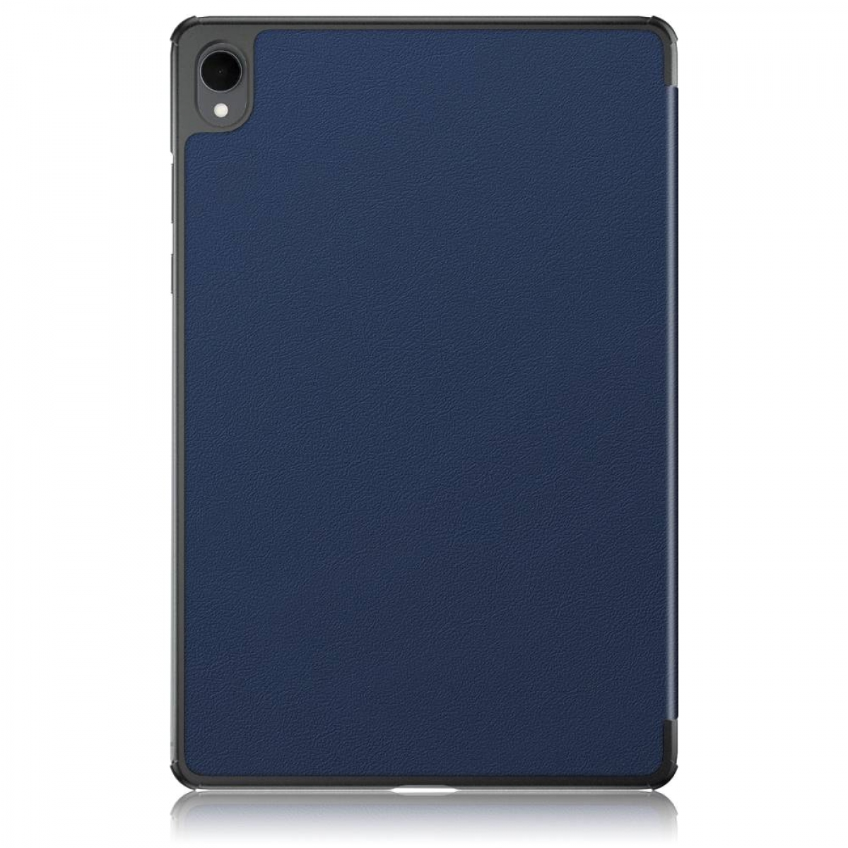Eine Tablet-Hülle mit einer dunkelblauen, strukturierten Oberfläche und einem schwarzen Rahmen. Oben links ist eine Kamera sichtbar.