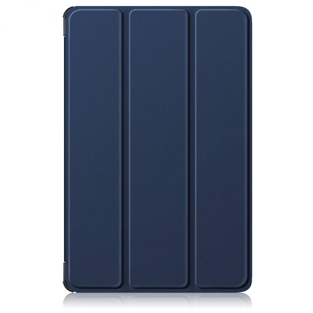 Gezeigt wird eine marineblaue Tablet-Hülle, gefaltet. Es hat drei vertikale Abschnitte mit strukturierter Oberfläche und leichtem Glanz. Es ist auf weißem Hintergrund.