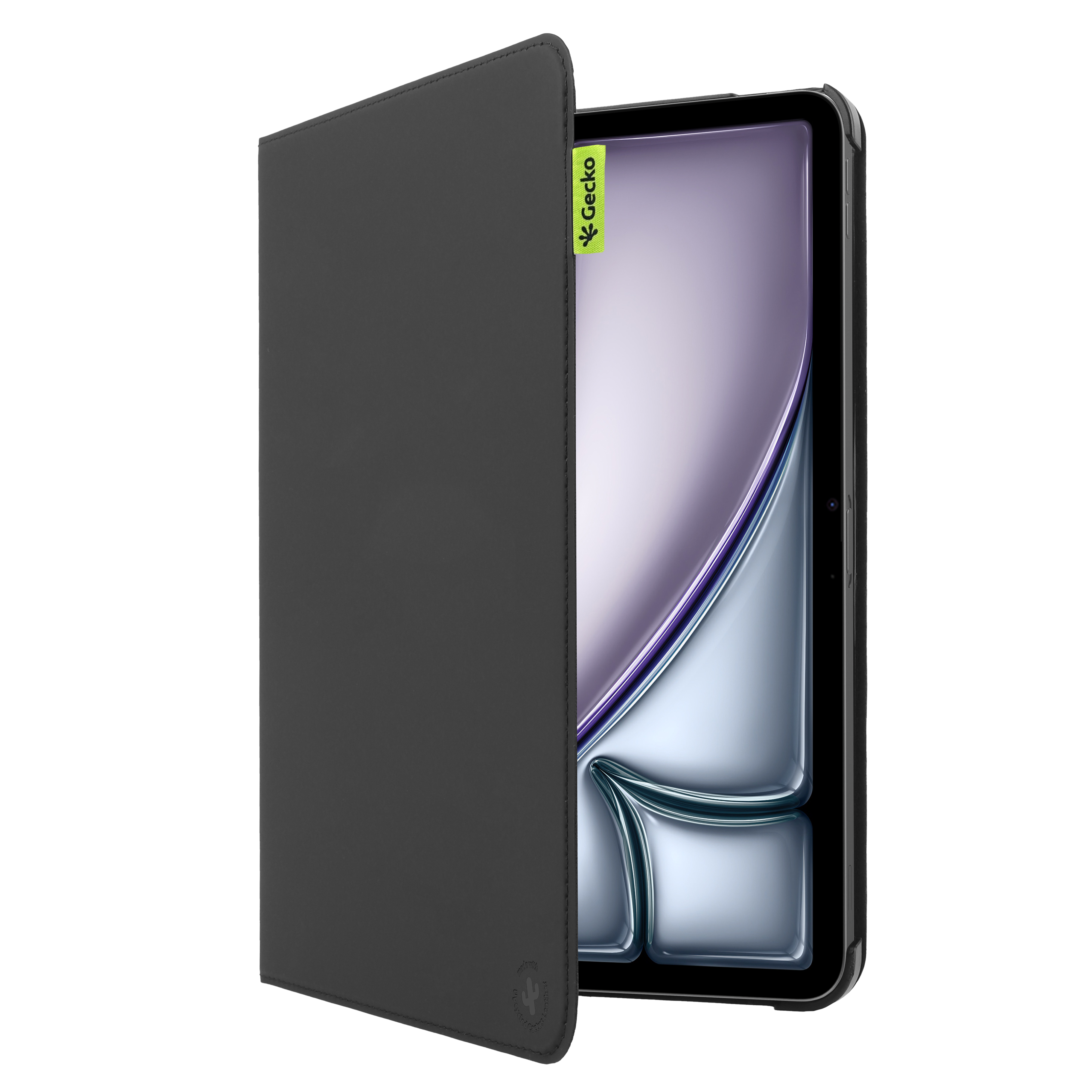 Un tablet con custodia nera. Lo schermo mostra un design viola e argento. La custodia ha il logo Gecko su un'etichetta.