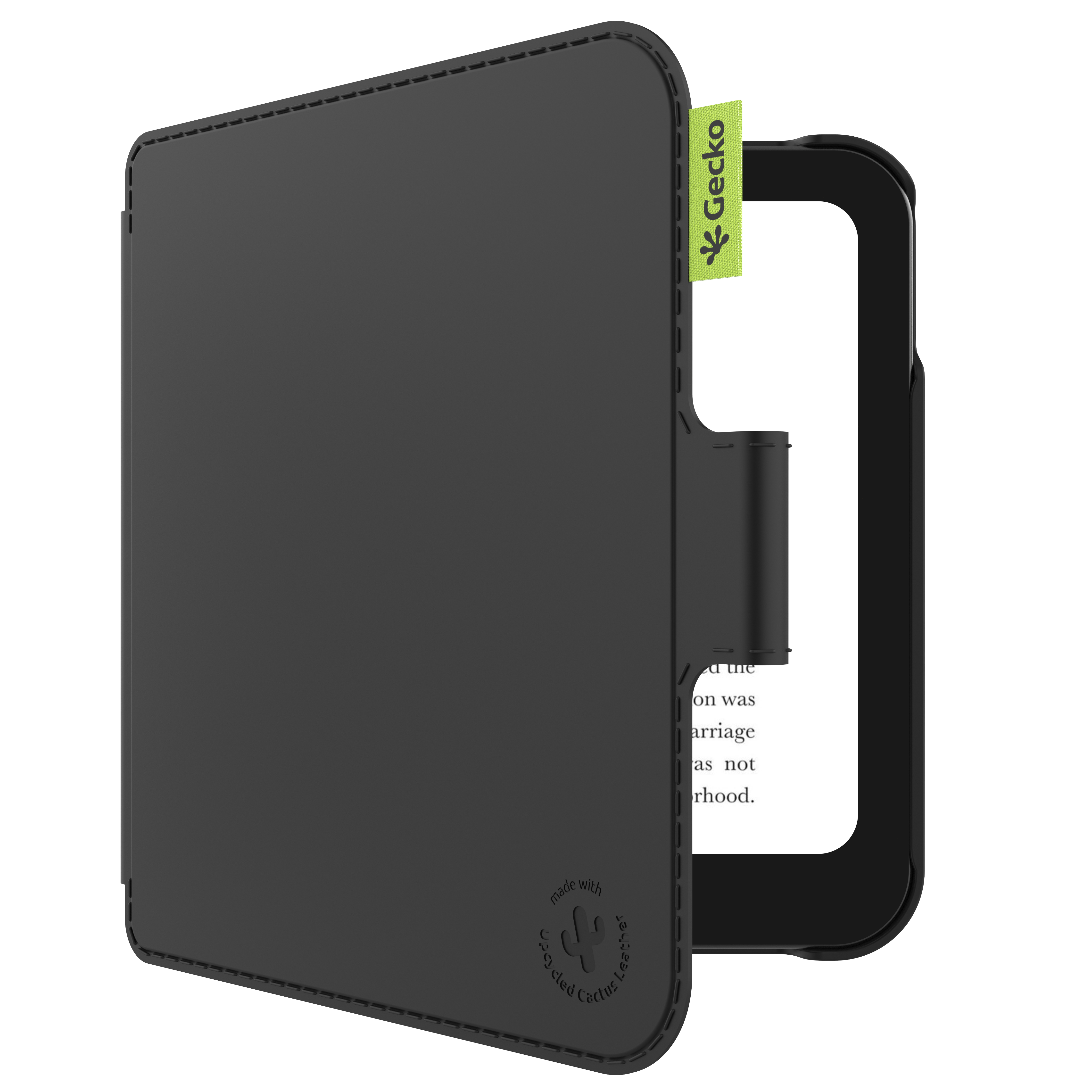 Eine schwarze E-Reader-Hülle, teilweise geöffnet, mit einem grünen Gecko-Etikett. Die Hülle besteht aus Kaktusleder.
