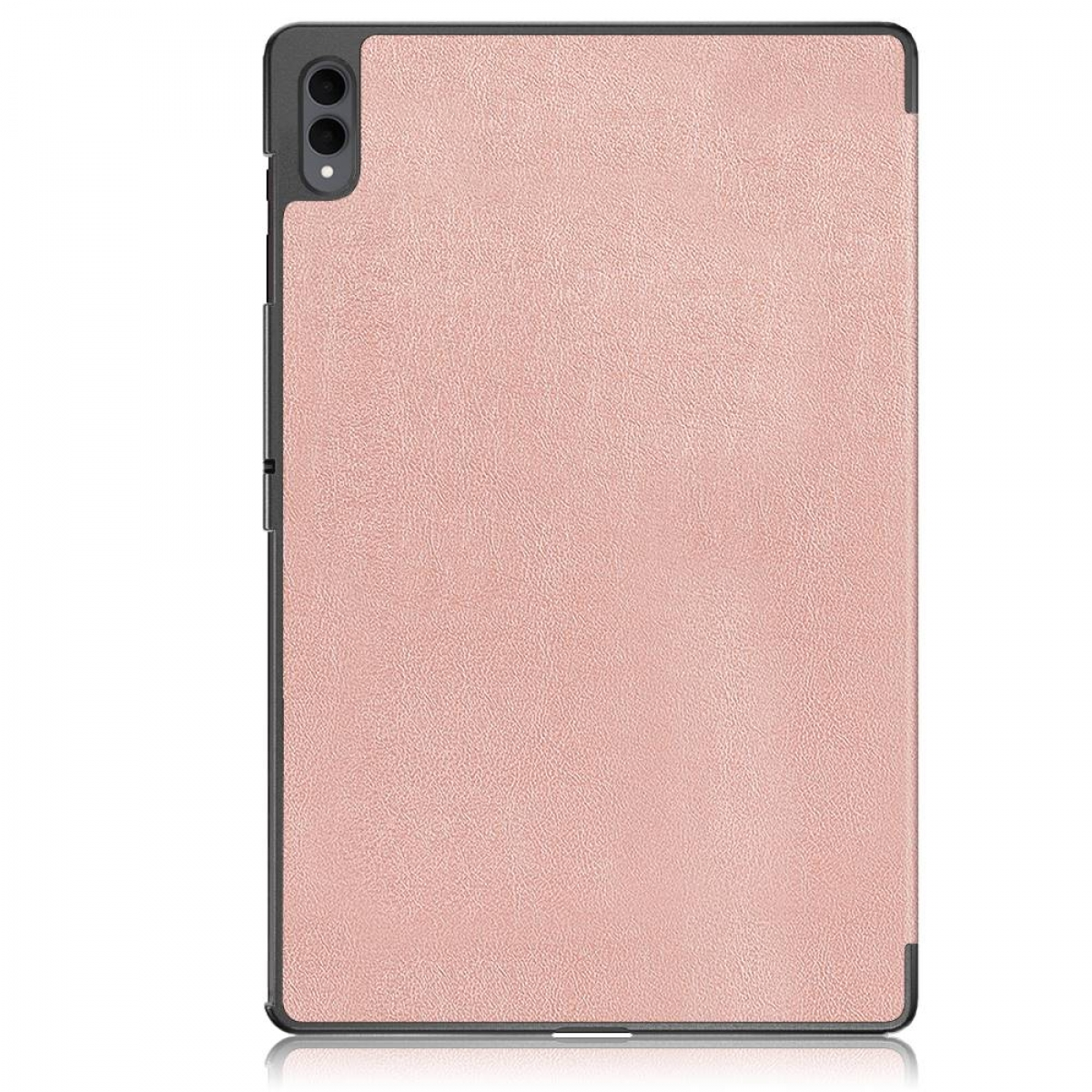 Eine rosa Tablet-Hülle mit einem dunkelgrauen Rahmen. Die Hülle hat eine lederartige Textur und einen Kamerabereich oben links.