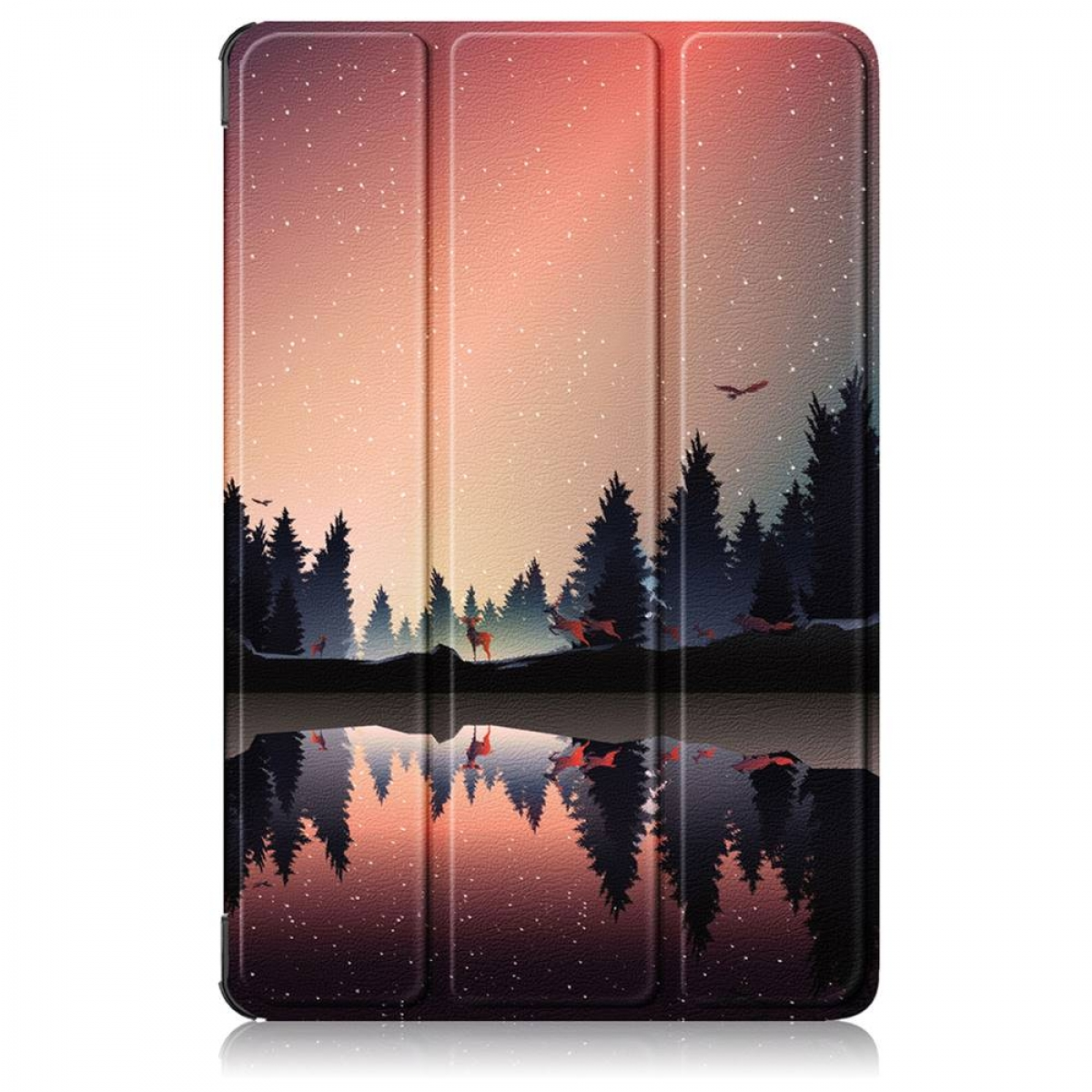 Tablethülle mit Waldszene. Bäume, Hirsche und ein See spiegeln den Himmel wider. Der Himmel hat Sterne und einen Farbverlauf.