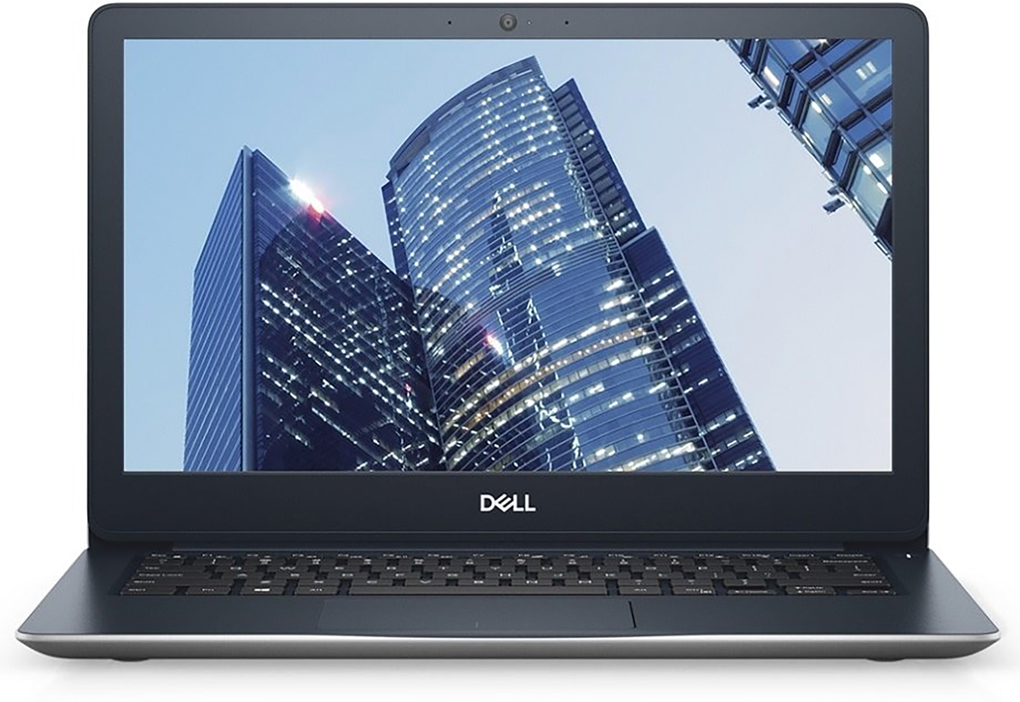 Een Dell-laptop toont wolkenkrabbers. De gebouwen zijn hoog met veel ramen. De lucht is blauw.