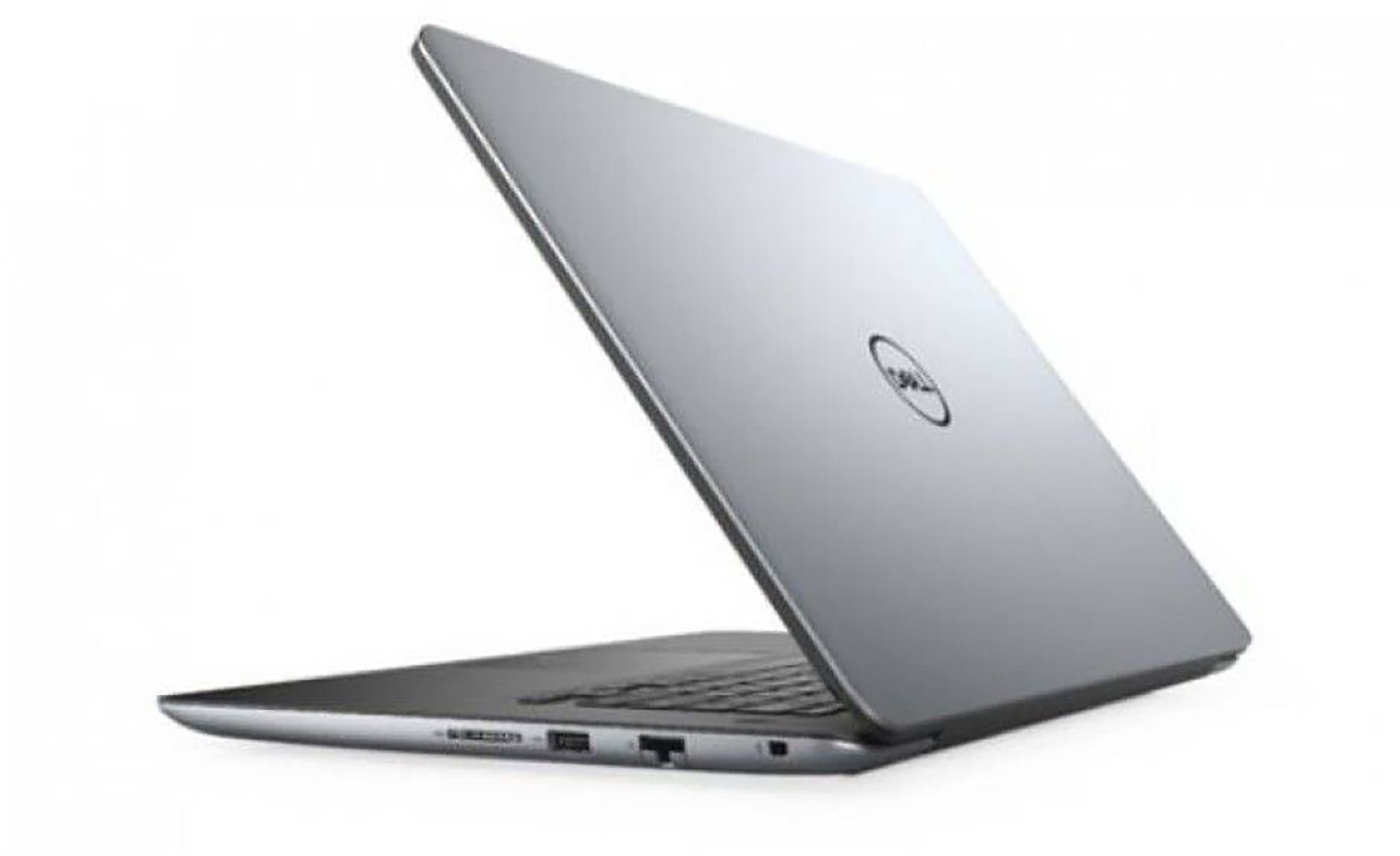 Een zilveren laptop schuin open, met het toetsenbord en de klep met het Dell-logo. Het staat op een witte achtergrond.